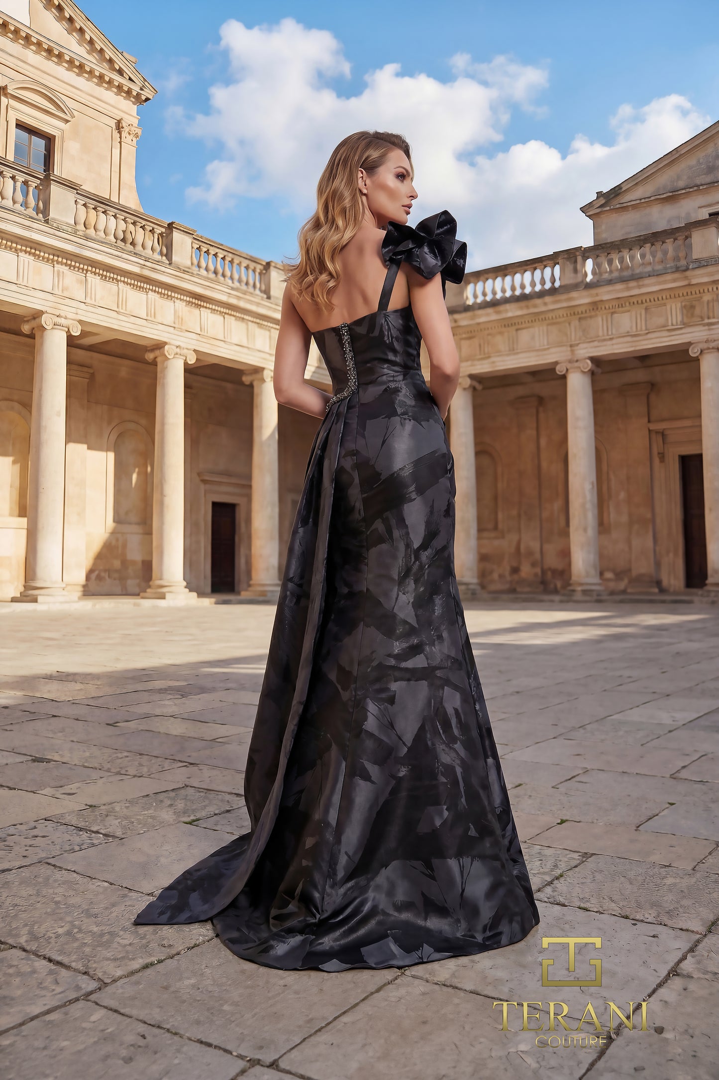 Terani Couture 262E7376 Black Asymmetrical One-Shoulder Architectural Ruffle Jacquard Trumpet Evening Gown