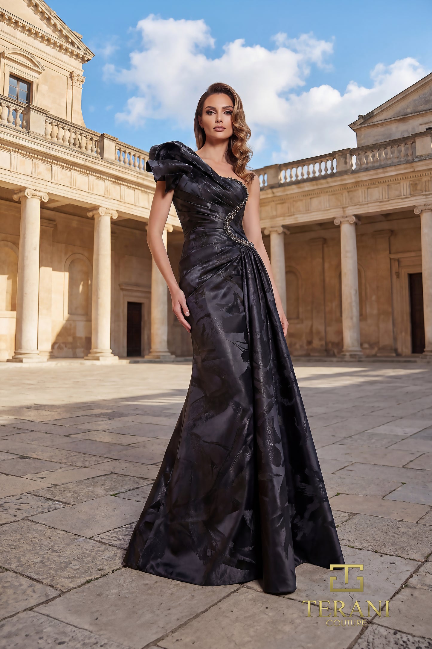 Terani Couture 262E7376 Black Asymmetrical One-Shoulder Architectural Ruffle Jacquard Trumpet Evening Gown