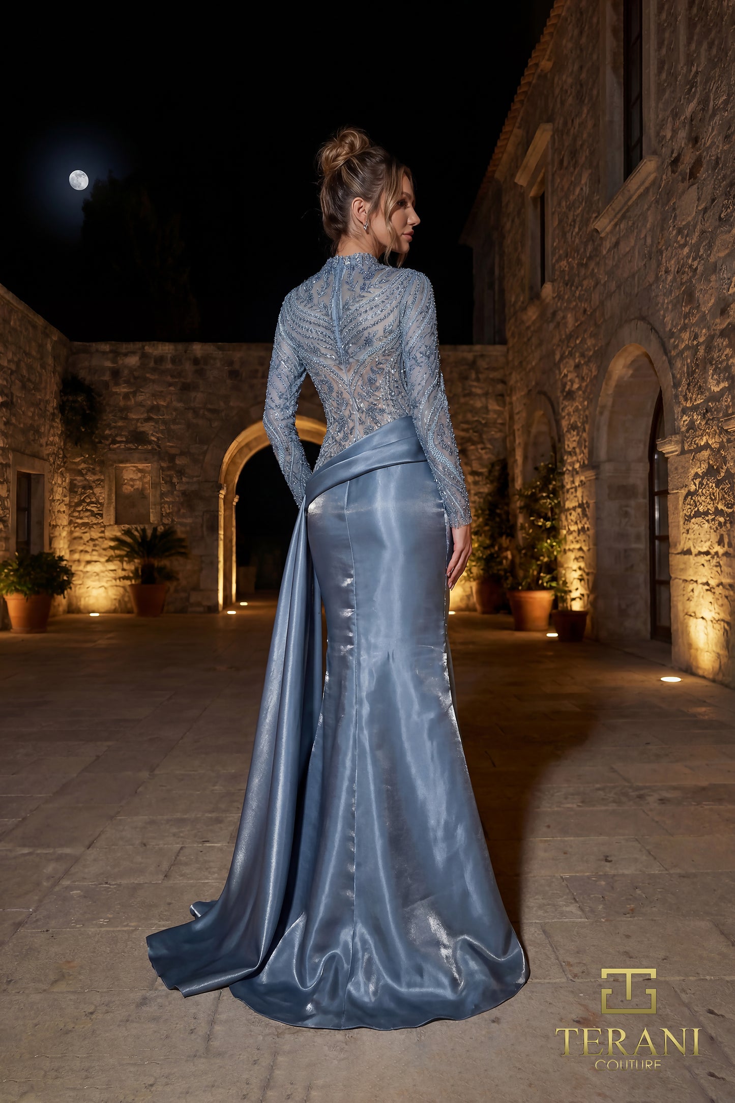 Terani Couture 262E7384 Blue High Neck Beaded Long Sleeve Organza Gown with Asymmetrical Drape