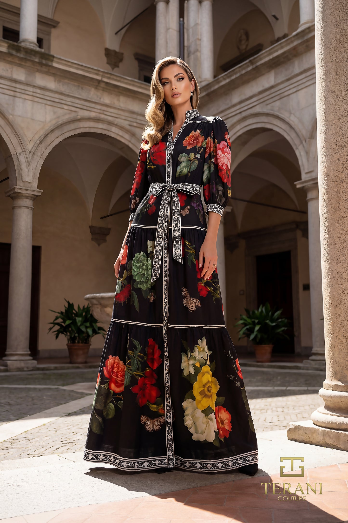 Terani Couture 262E7508 Black Multi Mandarin Collar Floral Print Chiffon Tiered Maxi Dress