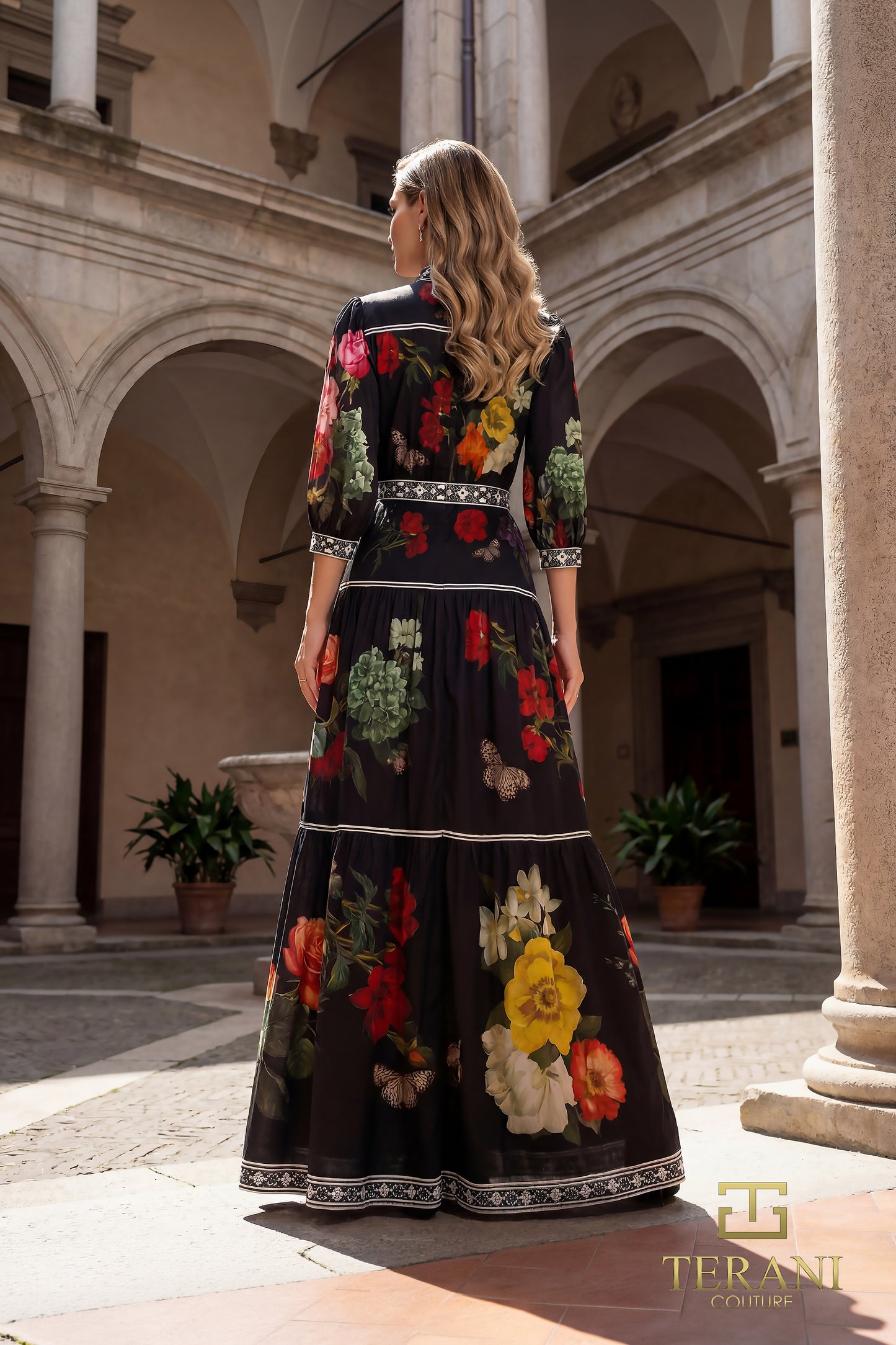 Terani Couture 262E7508 Black Multi Mandarin Collar Floral Print Chiffon Tiered Maxi Dress
