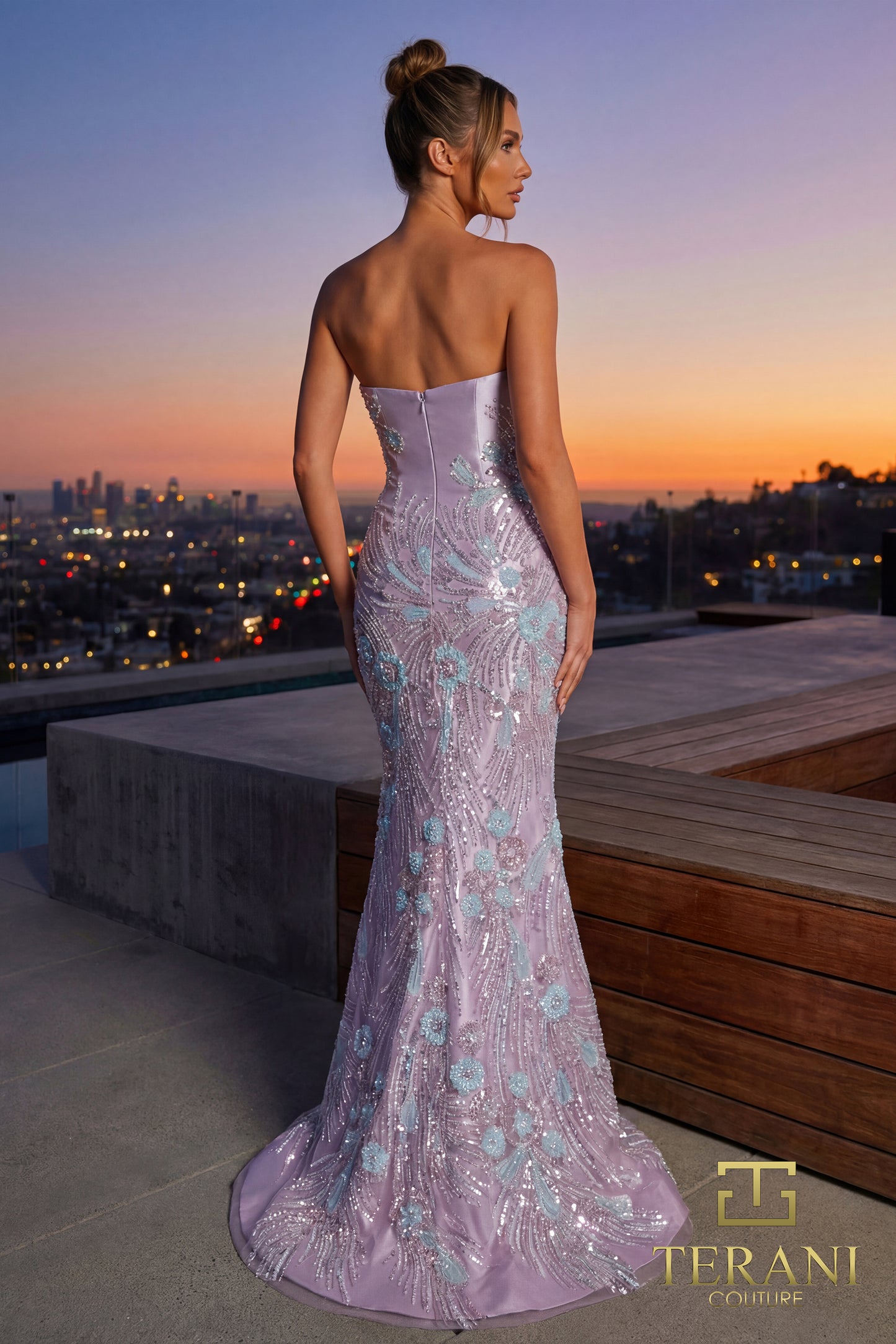 Terani Couture 262E7542 Purple Strapless Floral Beaded Mikado Evening Gown