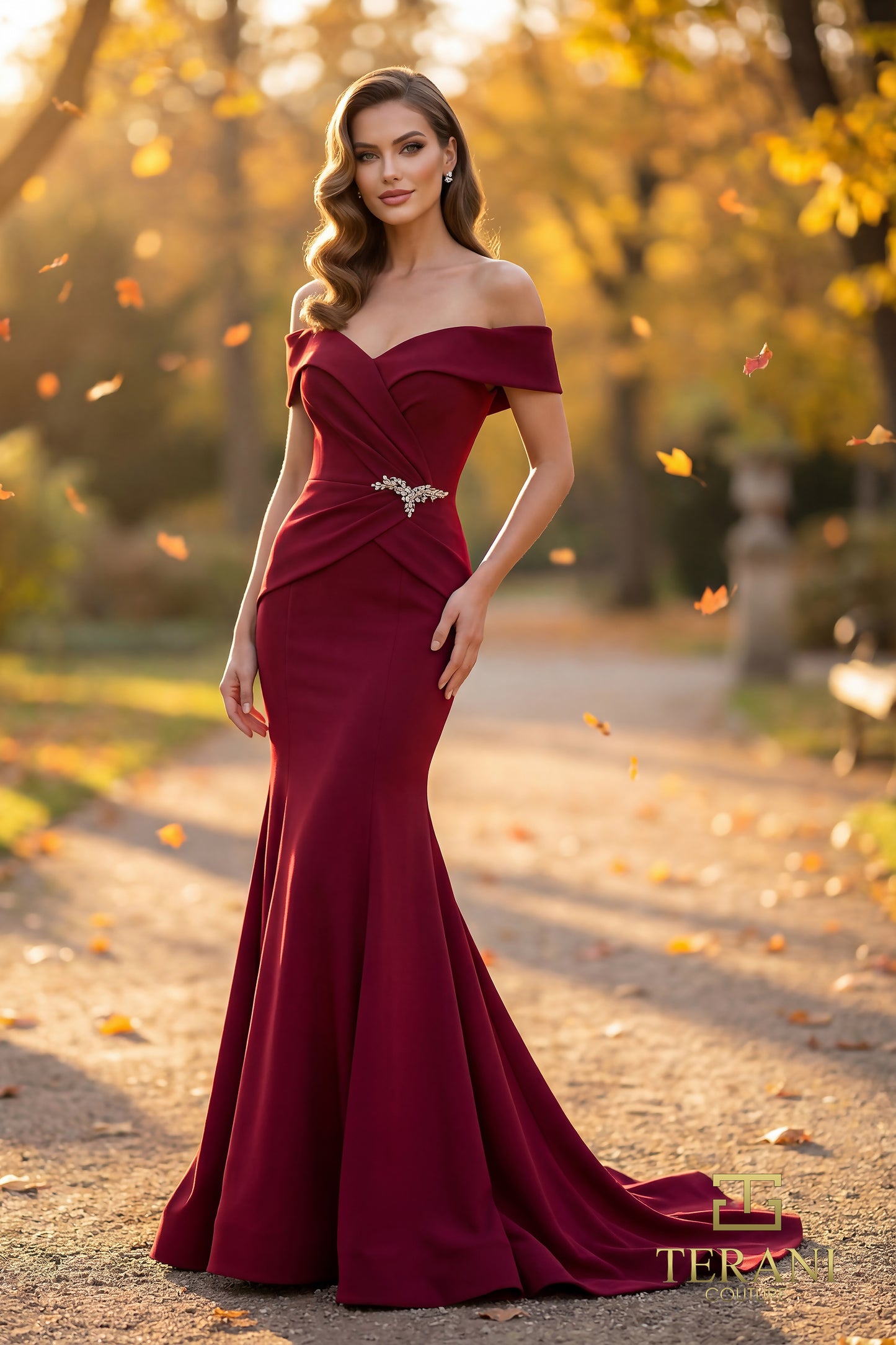 Terani Couture 262M7251 Red Off-Shoulder Ruched Crepe Mother of the Bride Dress