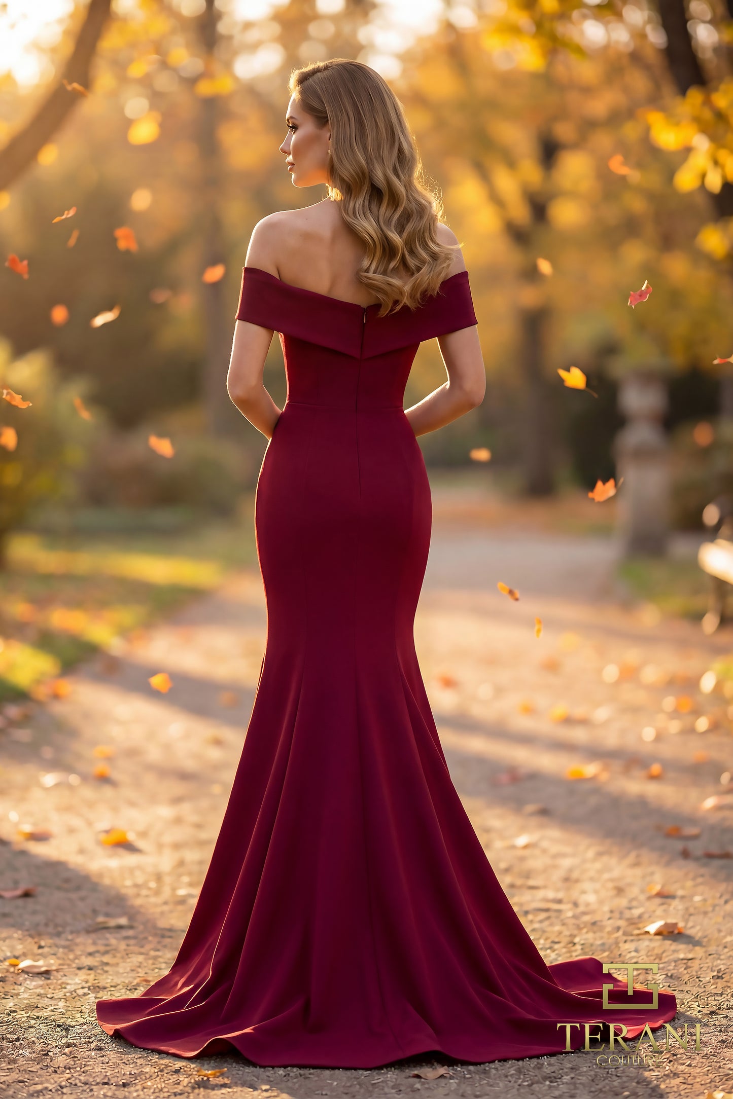 Terani Couture 262M7251 Red Off-Shoulder Ruched Crepe Mother of the Bride Dress