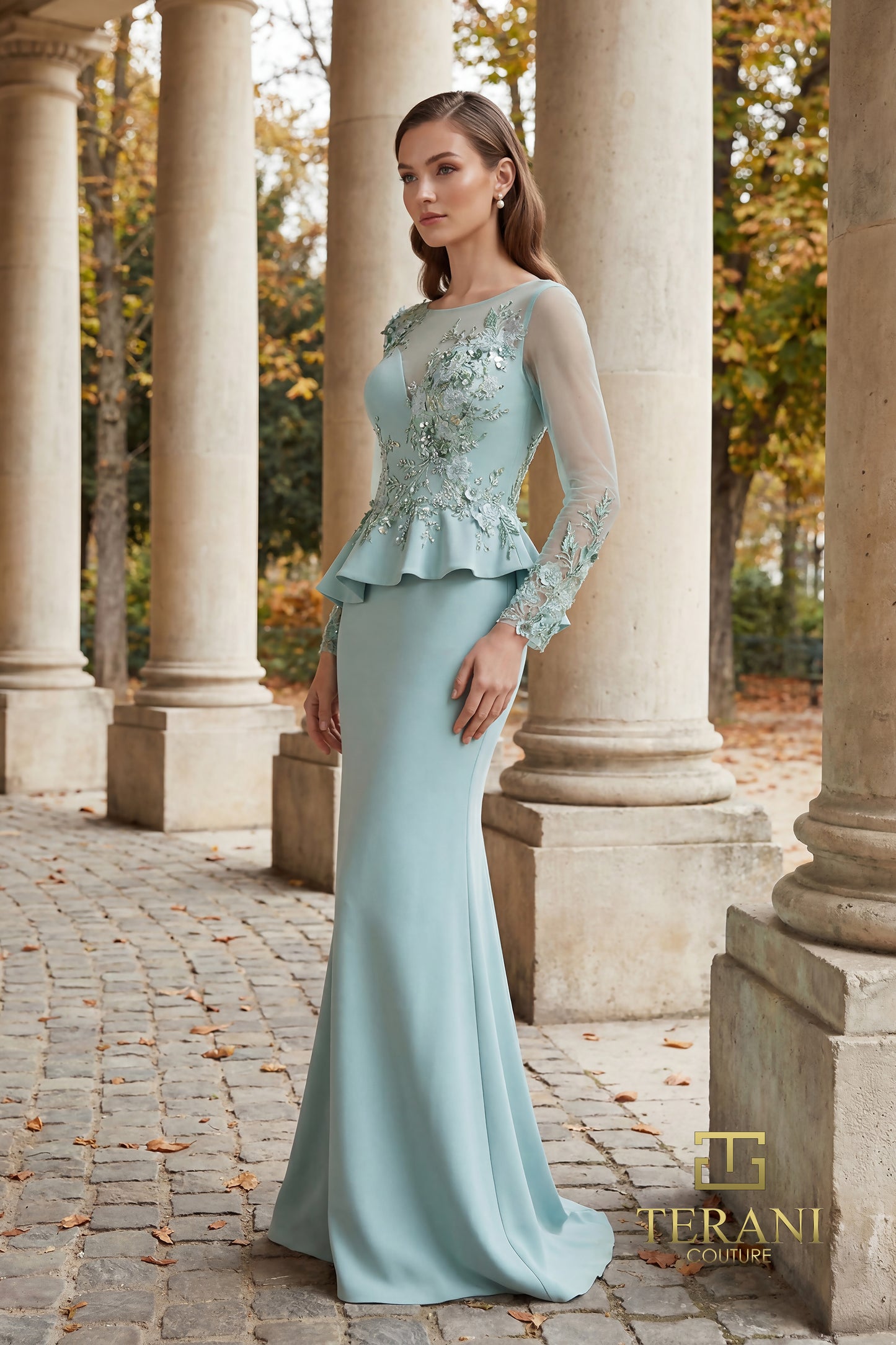 Terani Couture 262M7257 Pink Illusion Bateau Neckline Beaded Peplum Stretch Twill Trumpet Gown