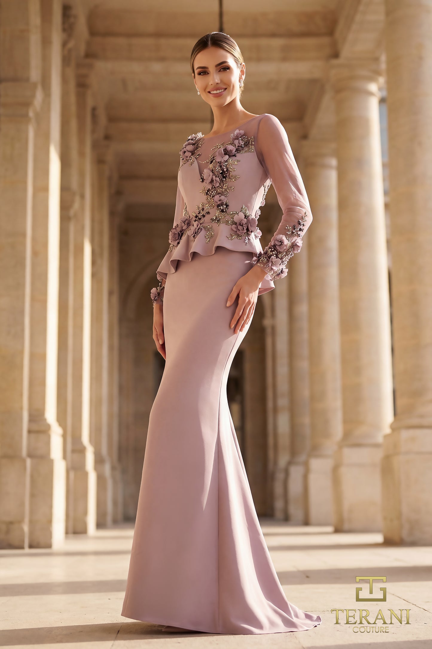 Terani Couture 262M7257 Pink Illusion Bateau Neckline Beaded Peplum Stretch Twill Trumpet Gown