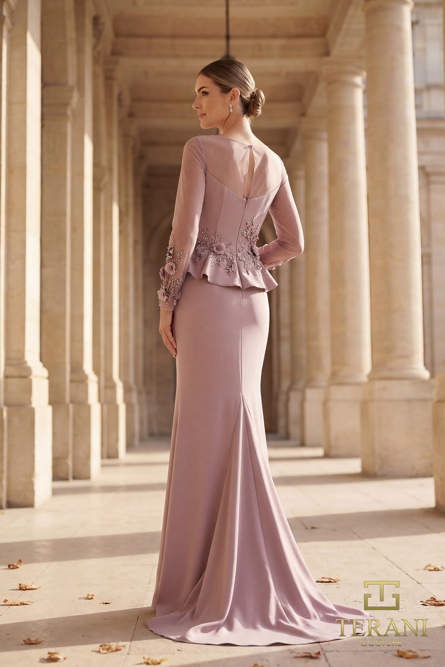 Terani Couture 262M7257 Pink Illusion Bateau Neckline Beaded Peplum Stretch Twill Trumpet Gown