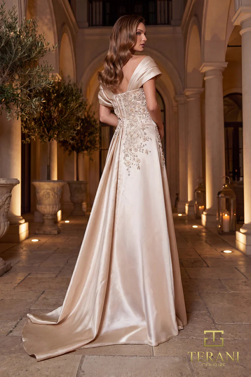 Terani Couture 262M7258 Silver Asymmetrical Portrait Collar Filigree Beaded Mikado A-Line Fit-and-Flare Mother of the Bride Gown