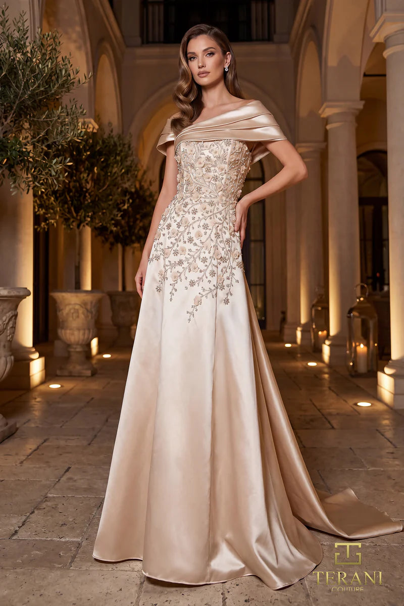 Terani Couture 262M7258 Silver Asymmetrical Portrait Collar Filigree Beaded Mikado A-Line Fit-and-Flare Mother of the Bride Gown