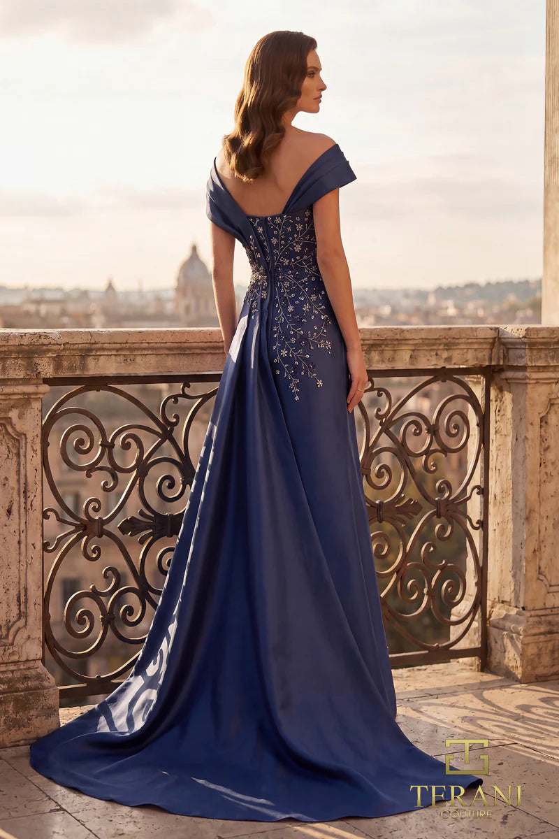 Terani Couture 262M7258 Silver Asymmetrical Portrait Collar Filigree Beaded Mikado A-Line Fit-and-Flare Mother of the Bride Gown
