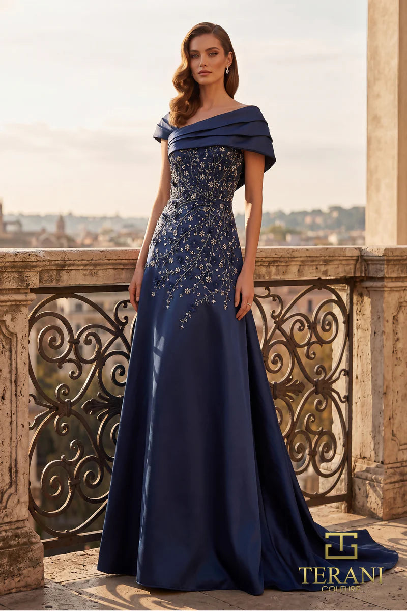 Terani Couture 262M7258 Silver Asymmetrical Portrait Collar Filigree Beaded Mikado A-Line Fit-and-Flare Mother of the Bride Gown