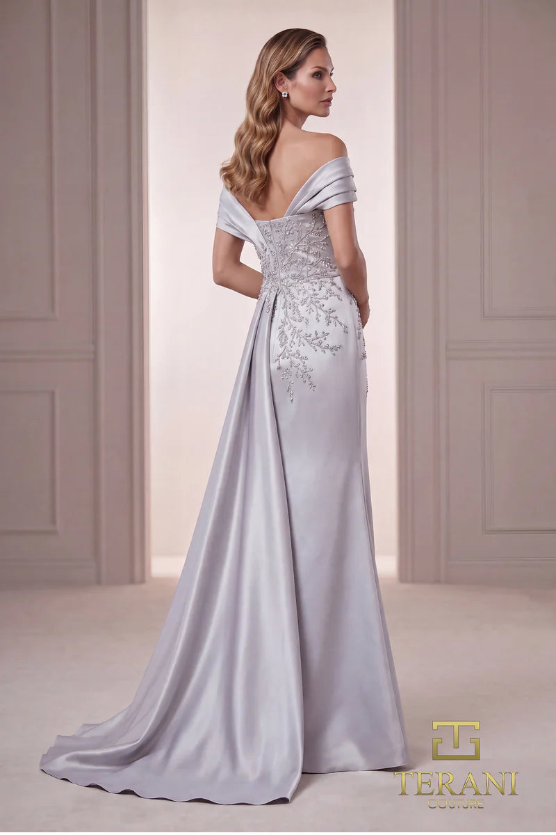 Terani Couture 262M7258 Silver Asymmetrical Portrait Collar Filigree Beaded Mikado A-Line Fit-and-Flare Mother of the Bride Gown