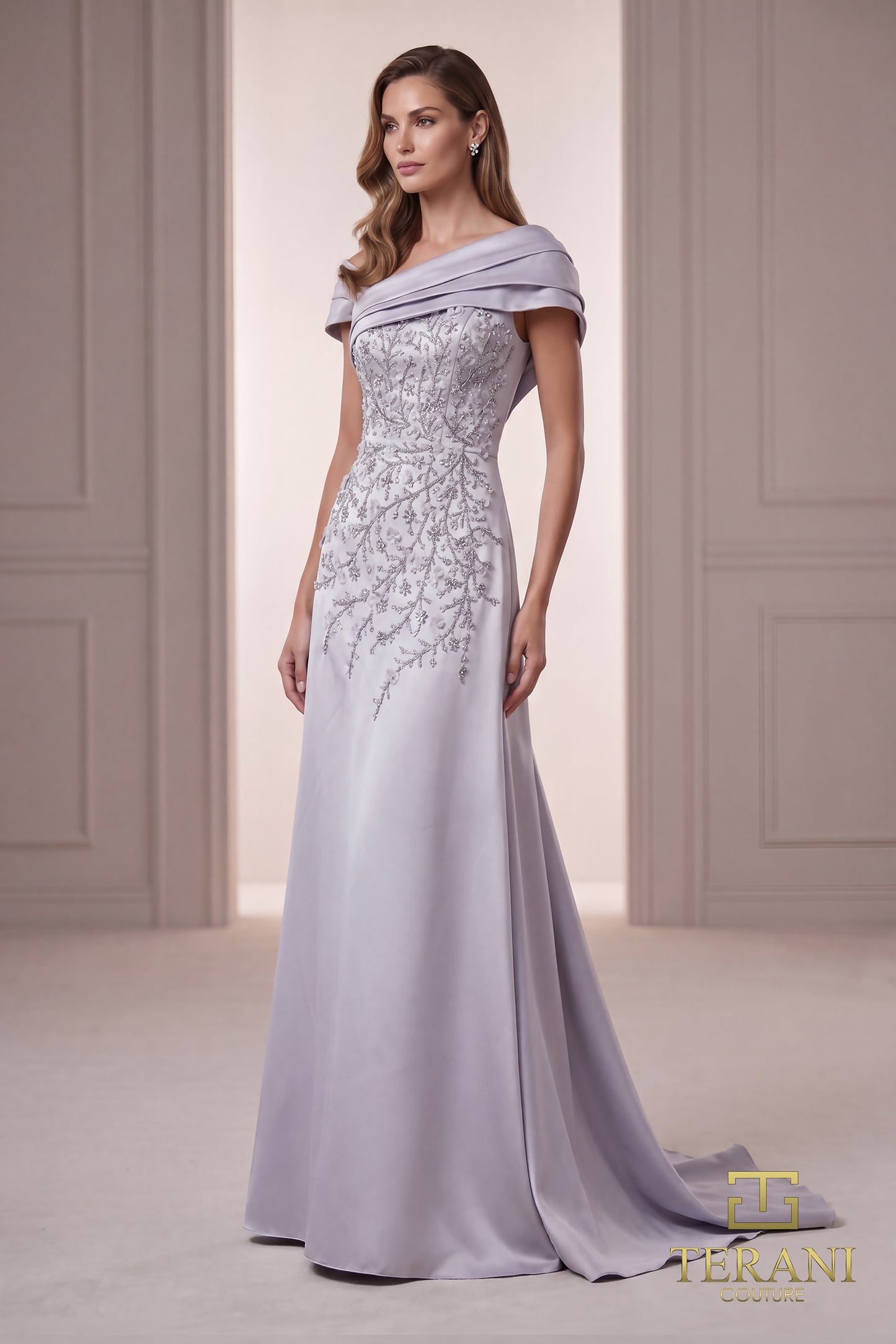 Terani Couture 262M7258 Silver Asymmetrical Portrait Collar Filigree Beaded Mikado A-Line Fit-and-Flare Mother of the Bride Gown