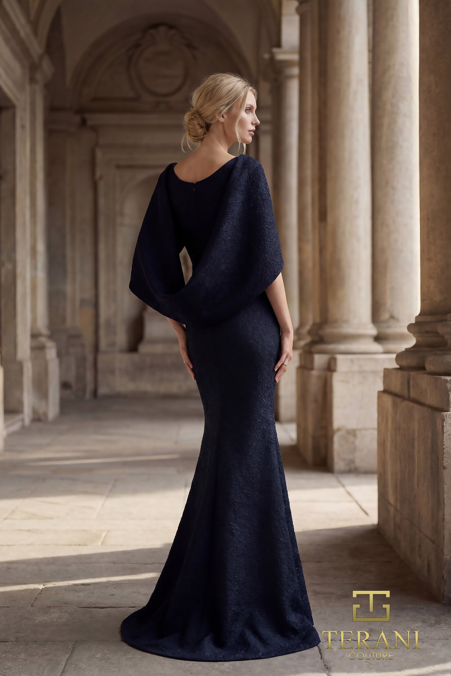 Terani Couture 262M7262 Navy Wide Scoop Neckline Textured Jacquard Trumpet Gown with Cowl-Back Cape
