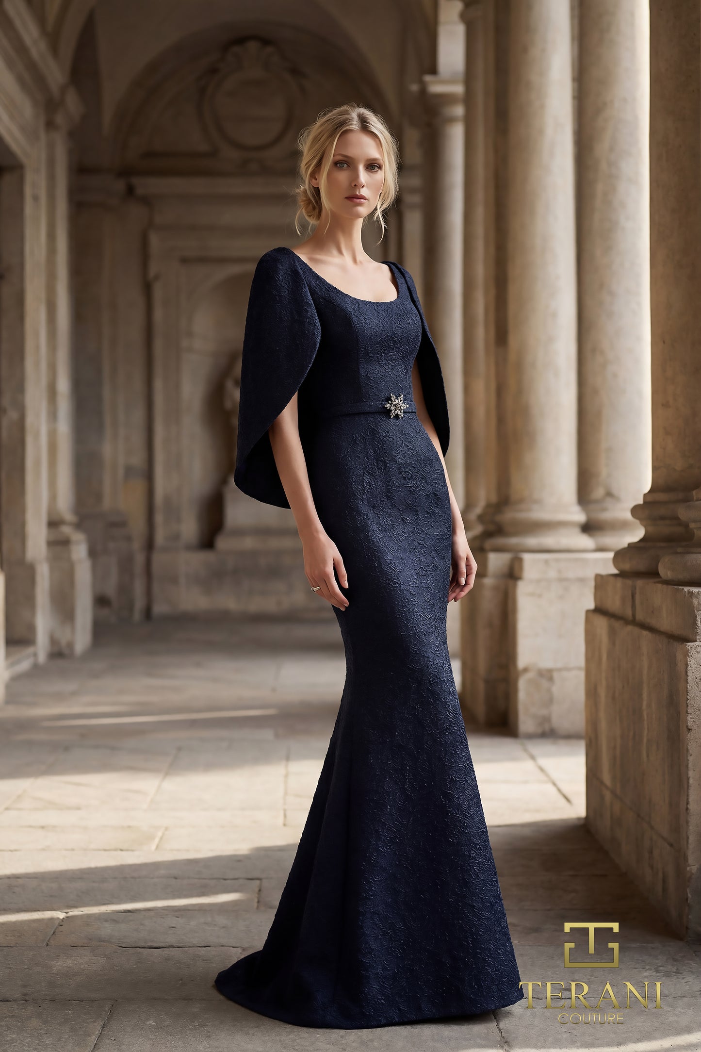 Terani Couture 262M7262 Navy Wide Scoop Neckline Textured Jacquard Trumpet Gown with Cowl-Back Cape