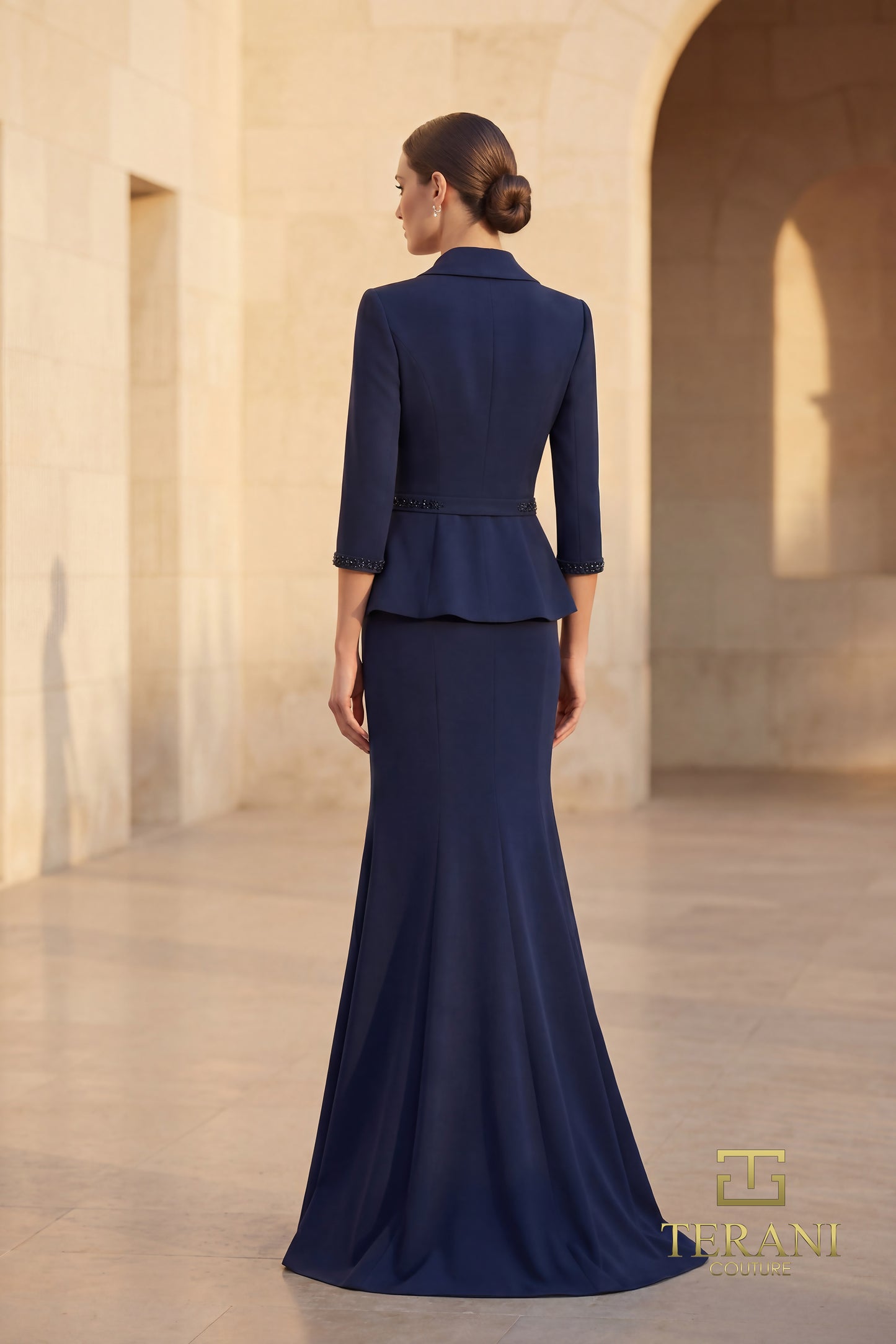 Terani Couture 262M7263 Navy Deep V-Neck Shawl Collar Beaded Stretch Mikado Trumpet Mother of the Bride Gown with Peplum