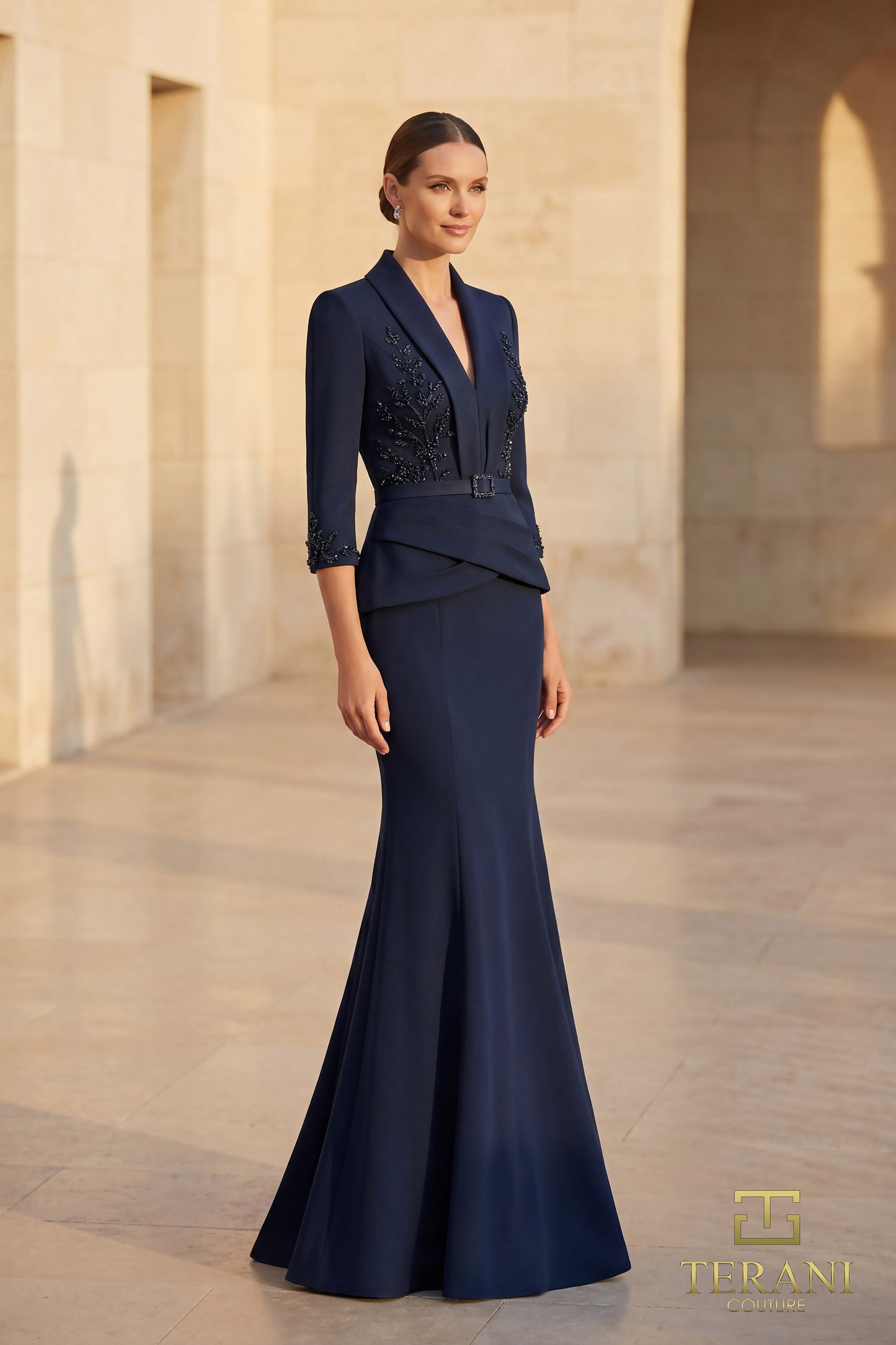 Terani Couture 262M7263 Navy Deep V-Neck Shawl Collar Beaded Stretch Mikado Trumpet Mother of the Bride Gown with Peplum