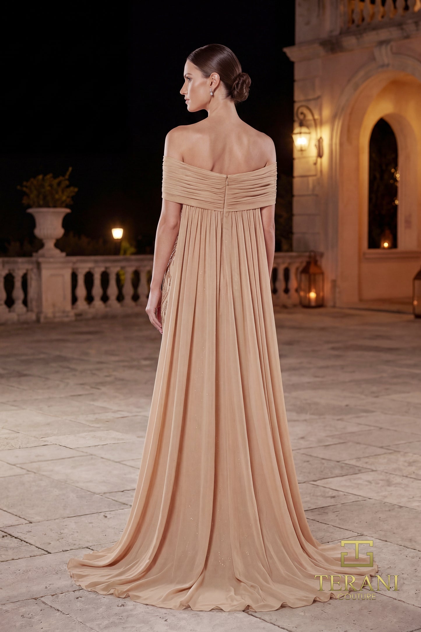 Terani Couture 262M7264 Champagne Off-Shoulder Machine-Beaded Sheath Mother of the Bride Gown with Integrated Chiffon Cape
