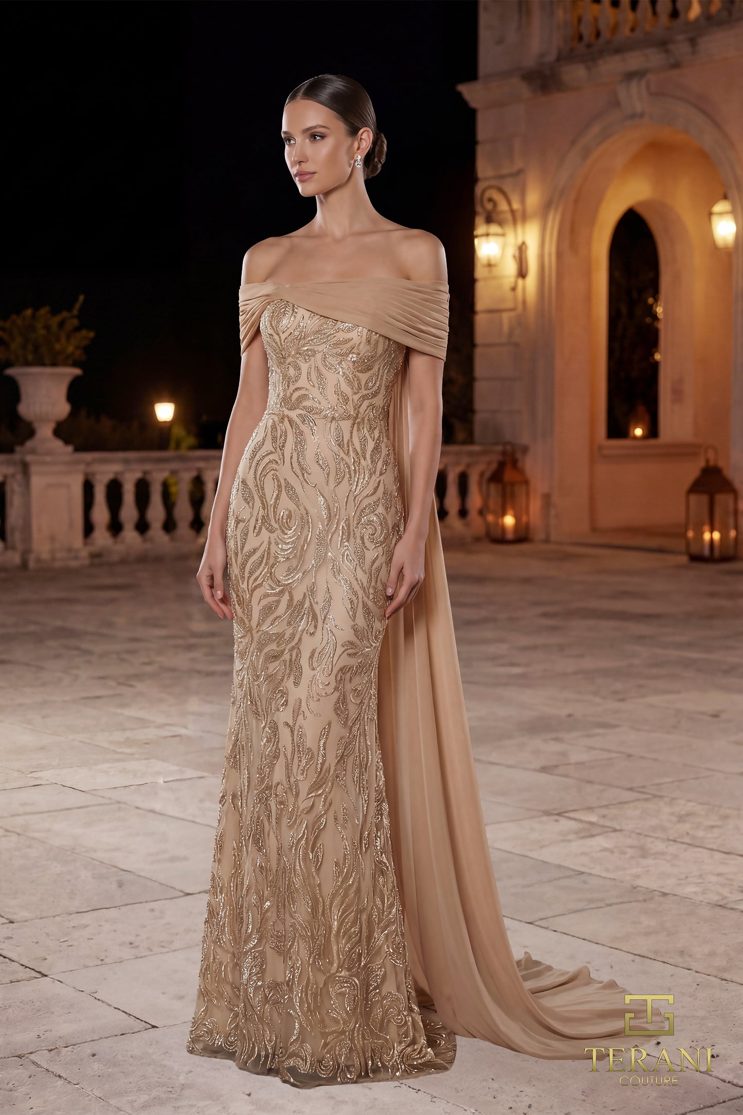 Terani Couture 262M7264 Champagne Off-Shoulder Machine-Beaded Sheath Mother of the Bride Gown with Integrated Chiffon Cape
