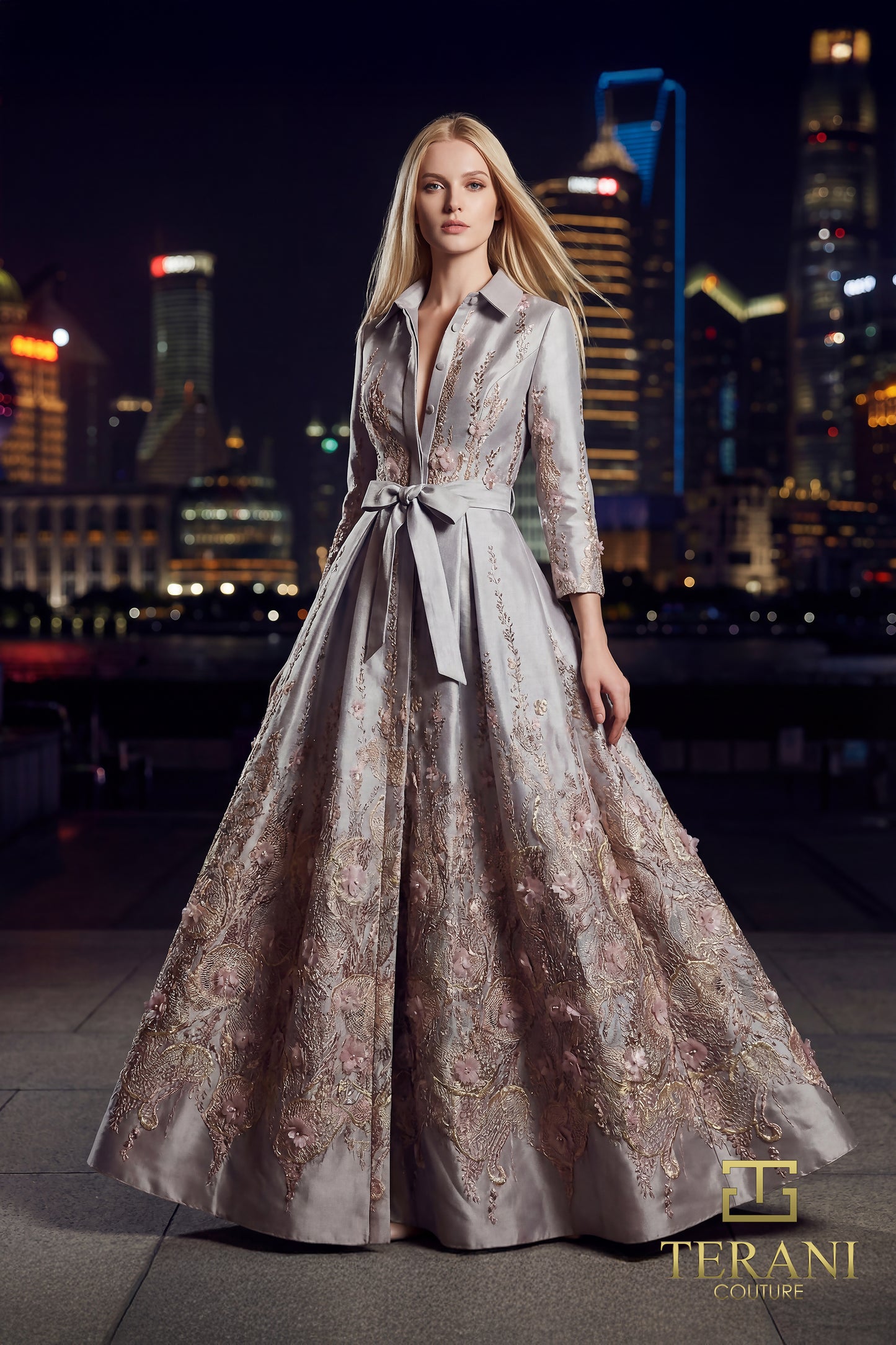 Terani Couture 262M7269 Mocha A-Line Metallic Jacquard Gown with Three-Quarter Sleeves and Collared Neckline
