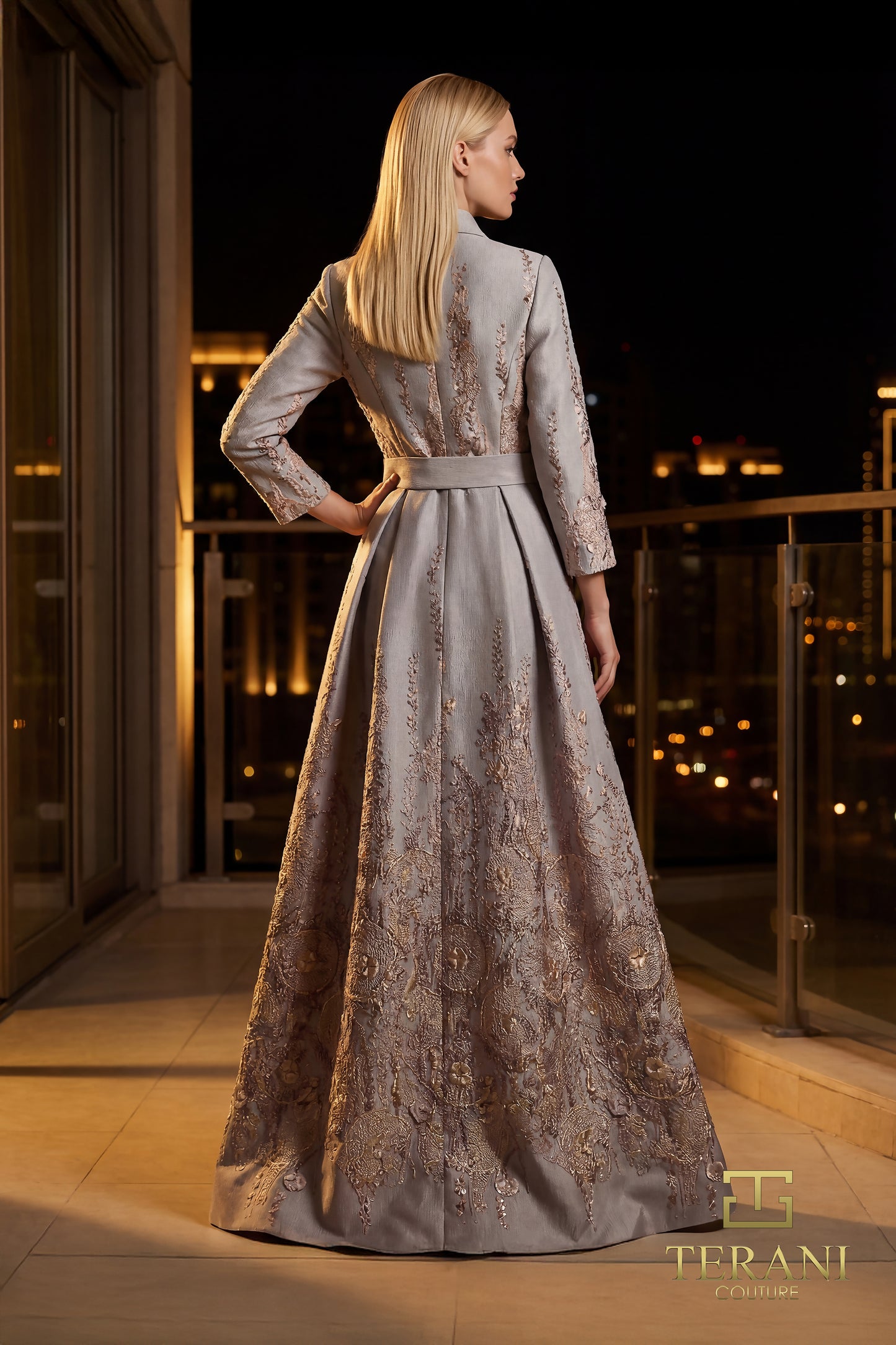Terani Couture 262M7269 Mocha A-Line Metallic Jacquard Gown with Three-Quarter Sleeves and Collared Neckline