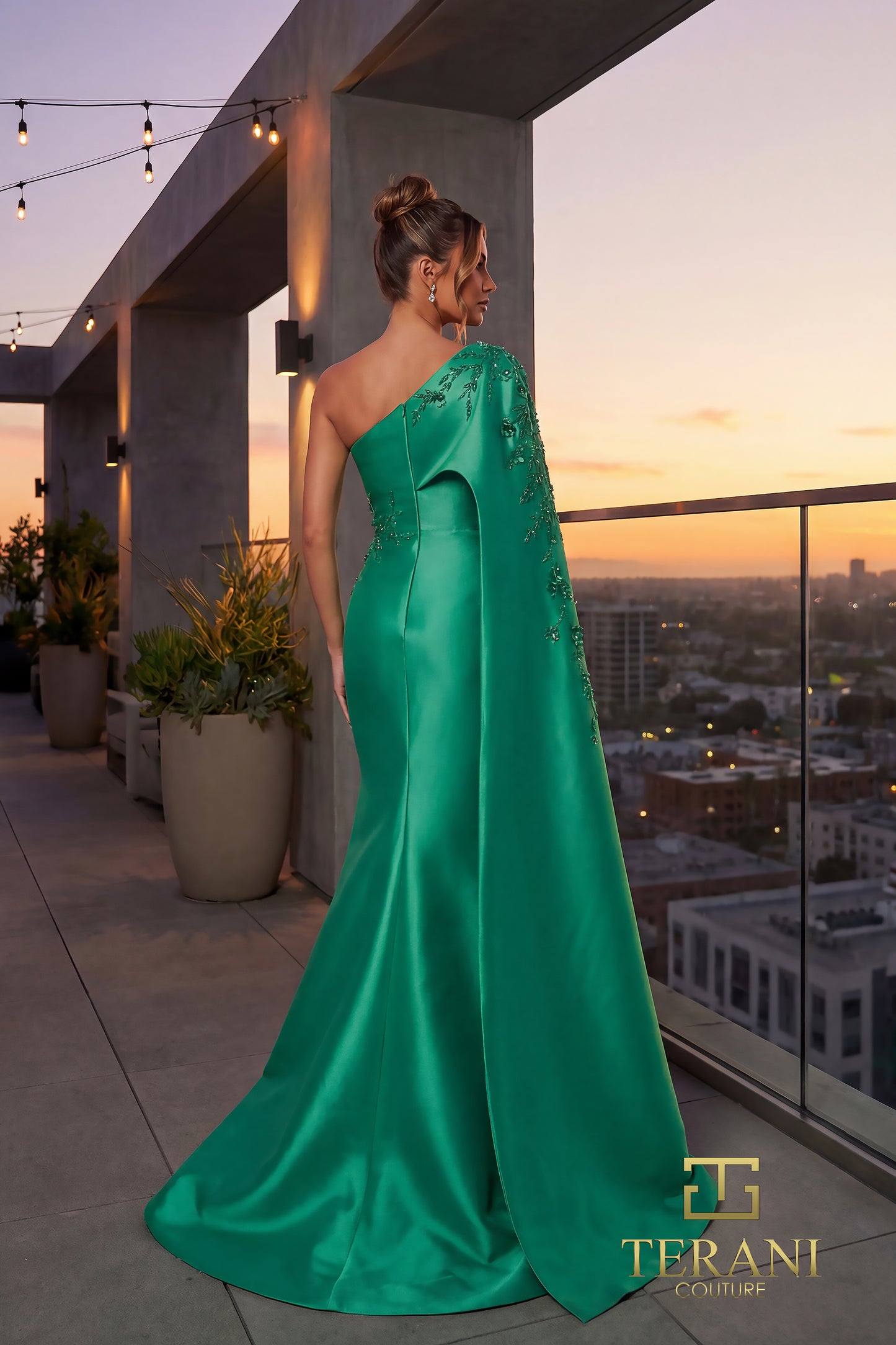 Terani Couture 262M7275 Green One-Shoulder Beaded Stretch Mikado Trumpet Gown with Cape