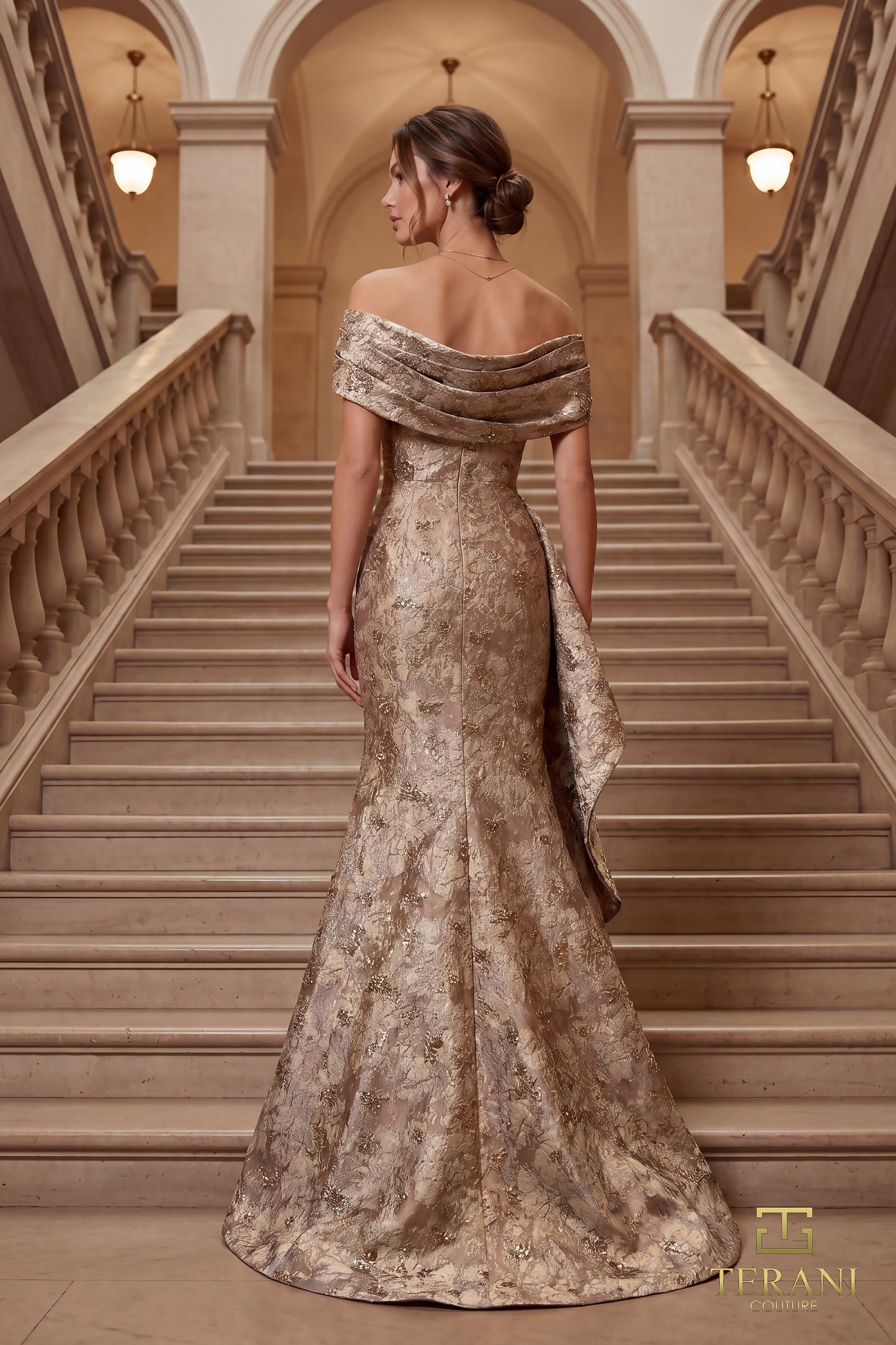 Terani Couture 262M7298 Gold Off-The-Shoulder Splatter Jacquard Trumpet Gown with Side Drape
