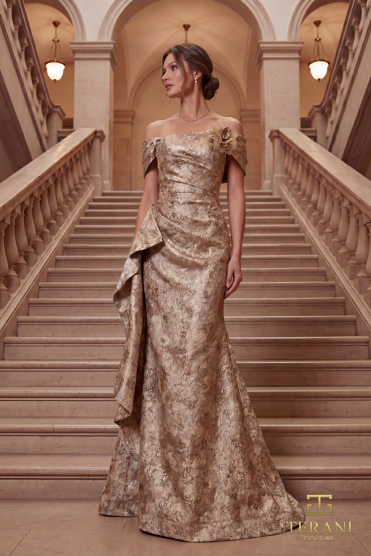 Terani Couture 262M7298 Gold Off-The-Shoulder Splatter Jacquard Trumpet Gown with Side Drape