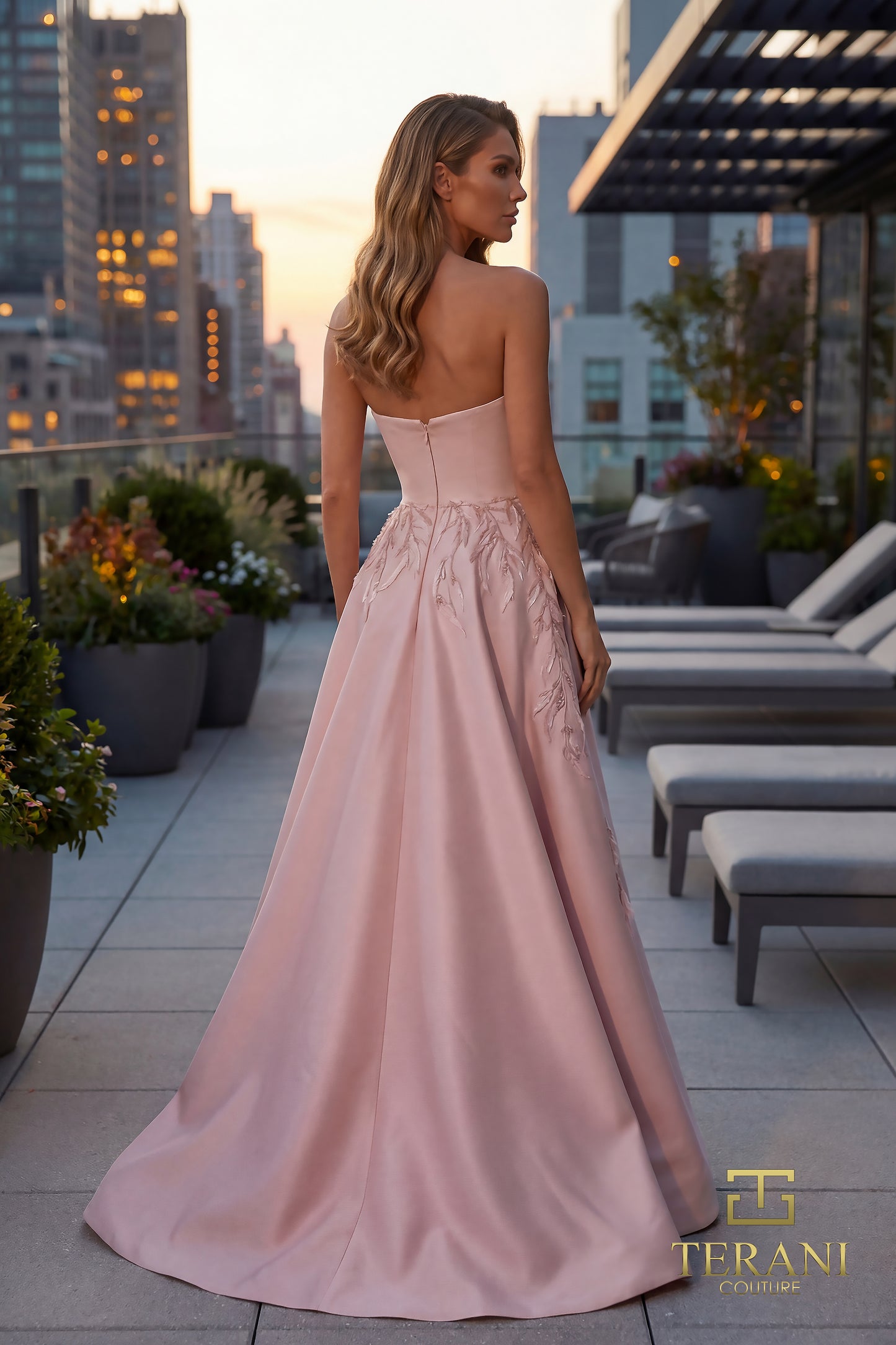 Terani Couture 262M7306 Pink Strapless 3D Botanical Embroidered Matte Satin Column Gown with Integrated Overskirt