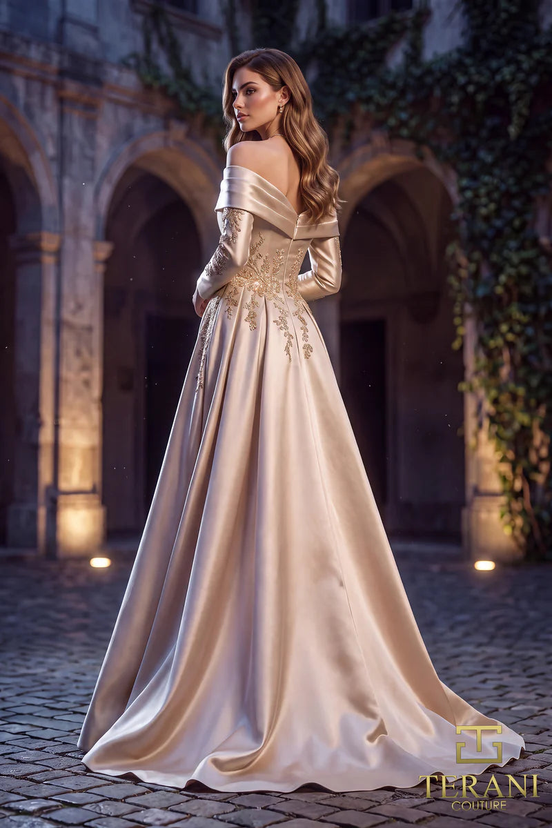 Terani Couture 262M7315 Silver Off-Shoulder Beaded Mikado Sheath Gown with Majestic Overskirt