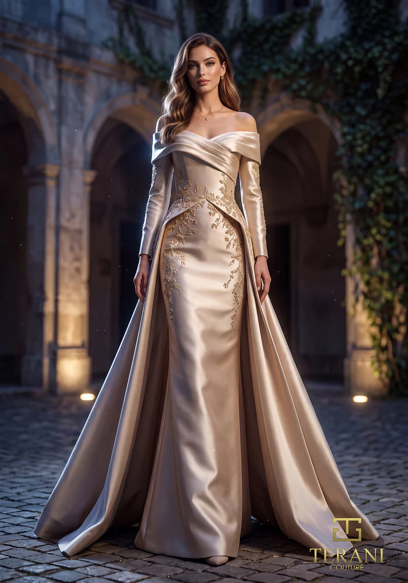 Terani Couture 262M7315 Silver Off-Shoulder Beaded Mikado Sheath Gown with Majestic Overskirt