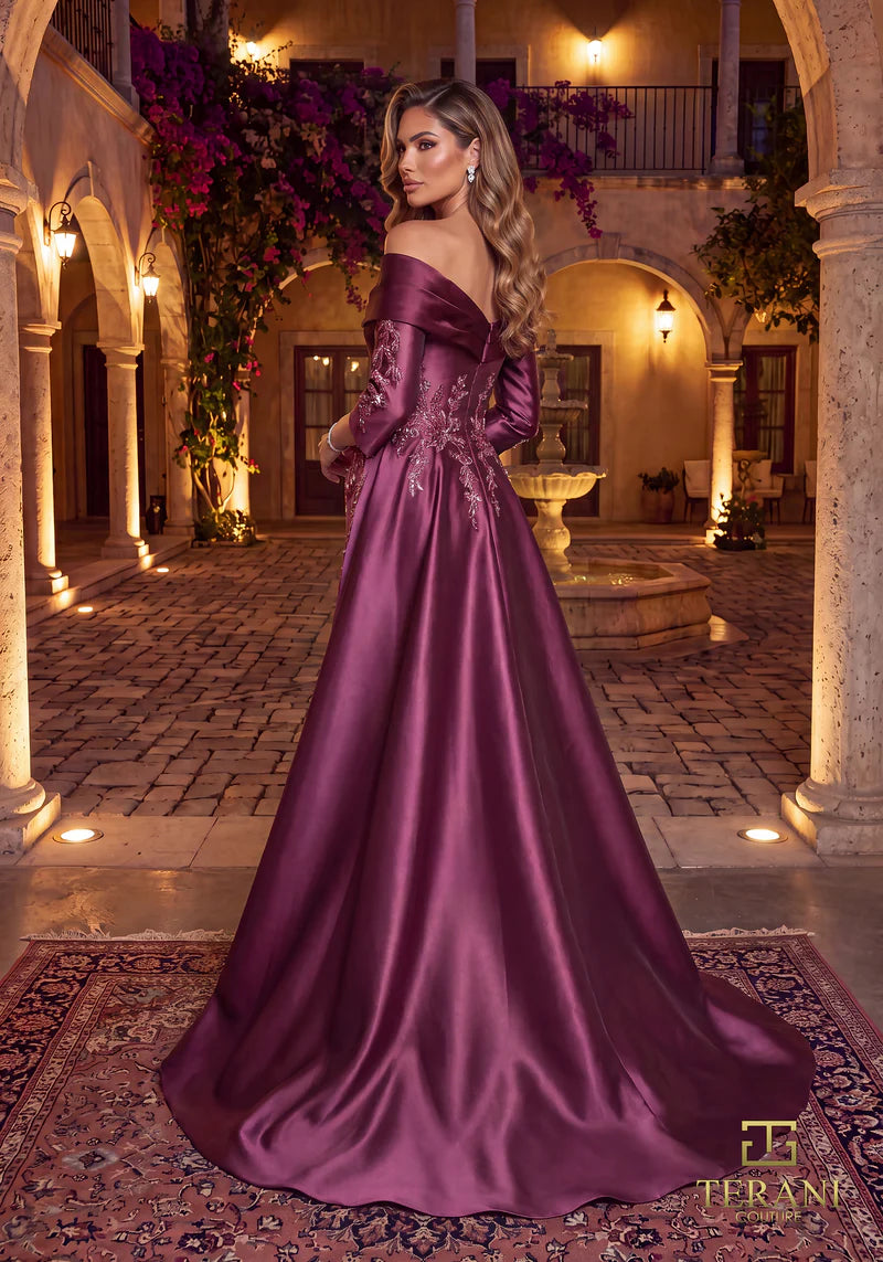 Terani Couture 262M7315 Silver Off-Shoulder Beaded Mikado Sheath Gown with Majestic Overskirt