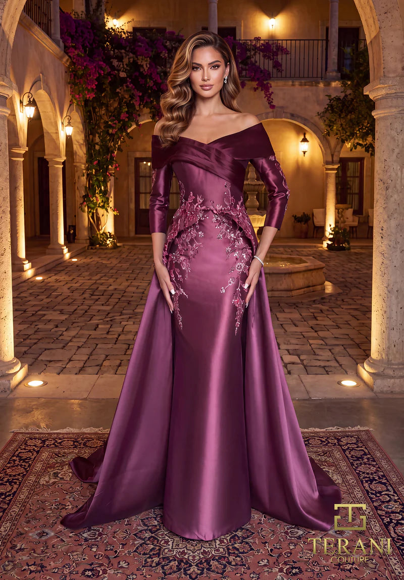 Terani Couture 262M7315 Silver Off-Shoulder Beaded Mikado Sheath Gown with Majestic Overskirt