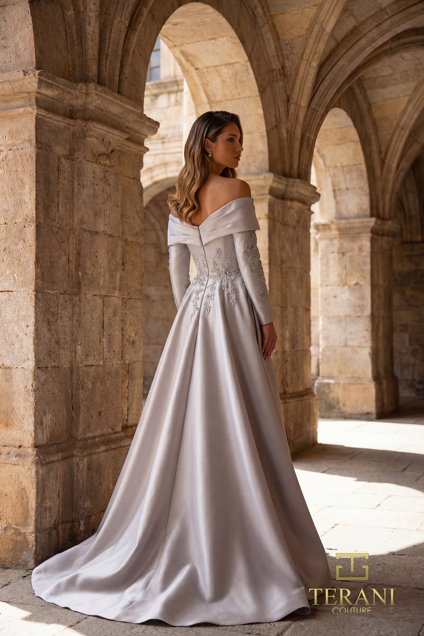 Terani Couture 262M7315 Silver Off-Shoulder Beaded Mikado Sheath Gown with Majestic Overskirt