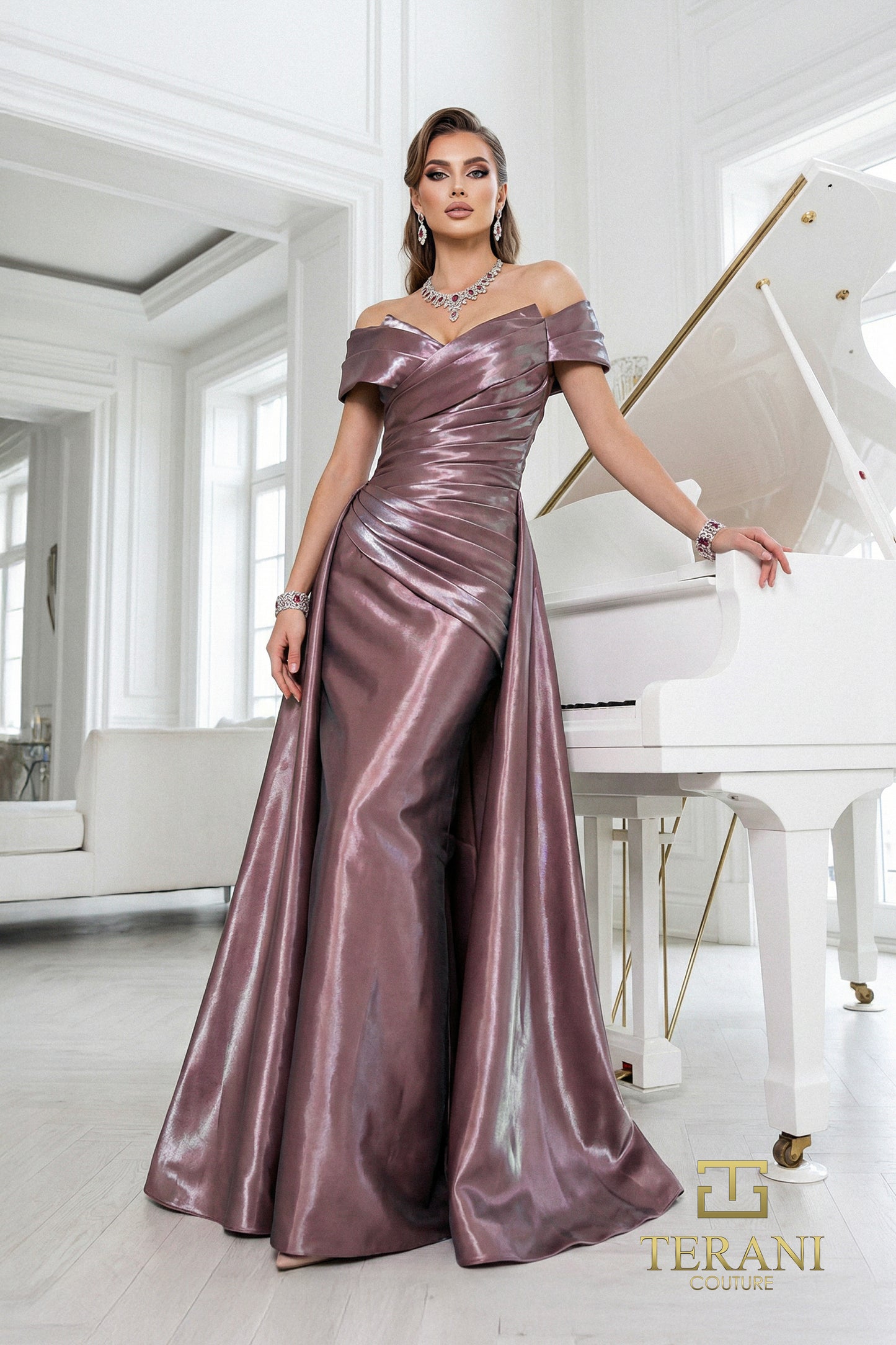 Terani Couture 262M7326 Brown Asymmetrical Portrait Neckline Mirror Organza Trumpet Gown with Overskirt