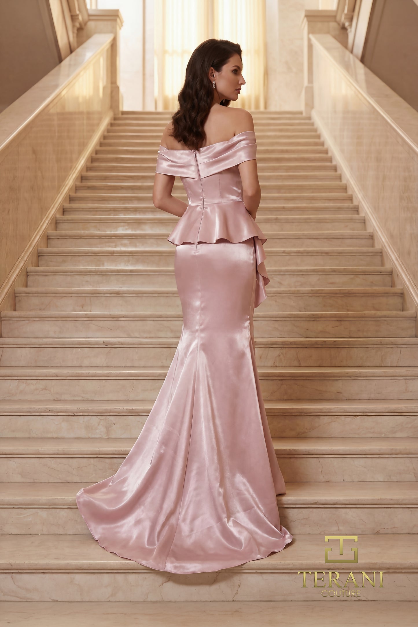 Terani Couture 262M7334 Pink Off-Shoulder Shimmer Trumpet Evening Gown with Cascading Peplum