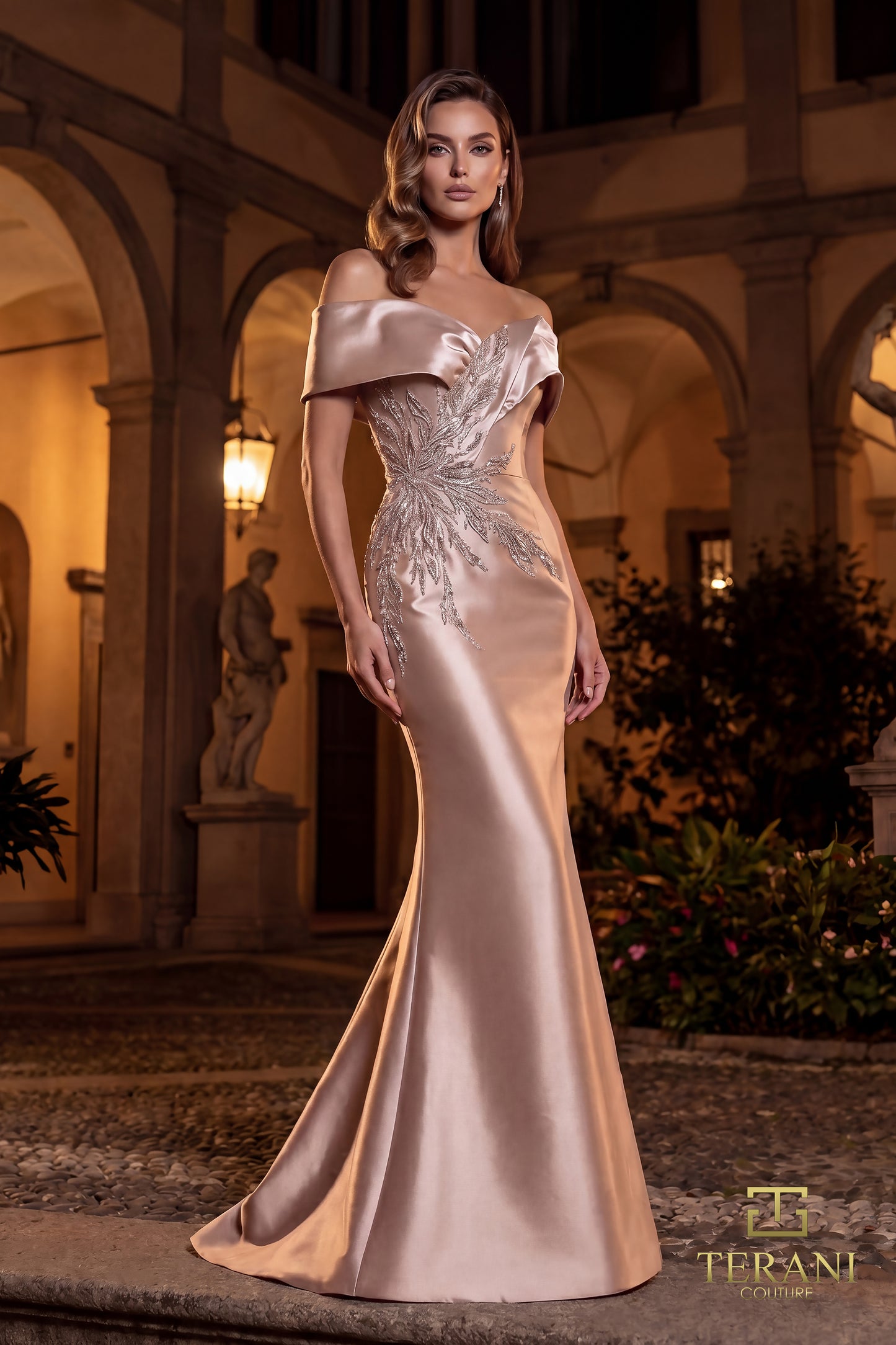 Terani Couture 262M7517 Asymmetrical Off-Shoulder Embellished Shimmer Satin Trumpet Mother of the Bride Gown