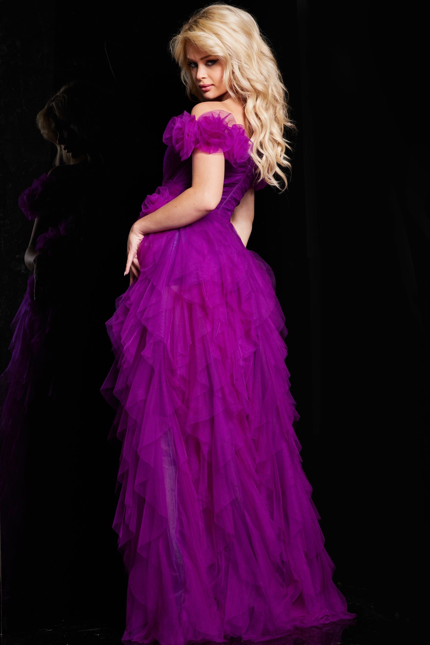 Jovani 26312 Off the Shoulder Tulle V Neck Dress
