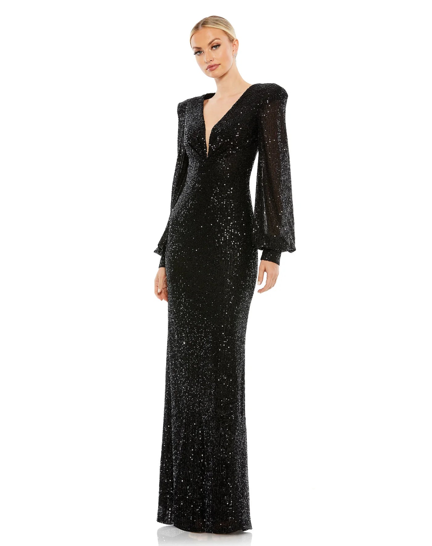 Mac Duggal 26722 Sequined Plunge Neck Structured Bishop Sleeve Gown B Chic Fashions Long Dress Evening Gowns