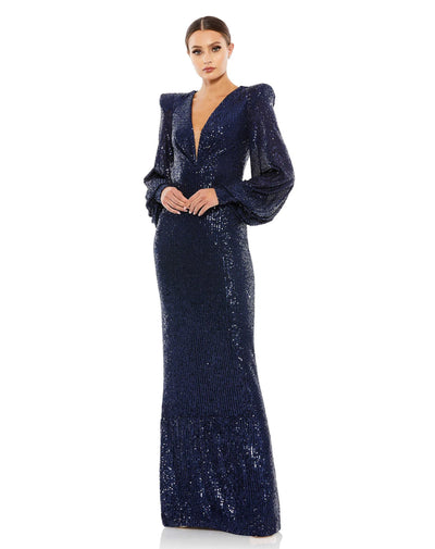 Mac Duggal 26722 Sequined Plunge Neck Structured Bishop Sleeve Gown B Chic Fashions Long Dress Evening Gowns