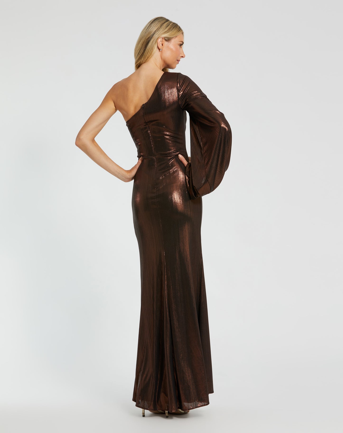 Mac Duggal 27158 Brown One Shoulder Long Sleeve Metallic Jersey Gown