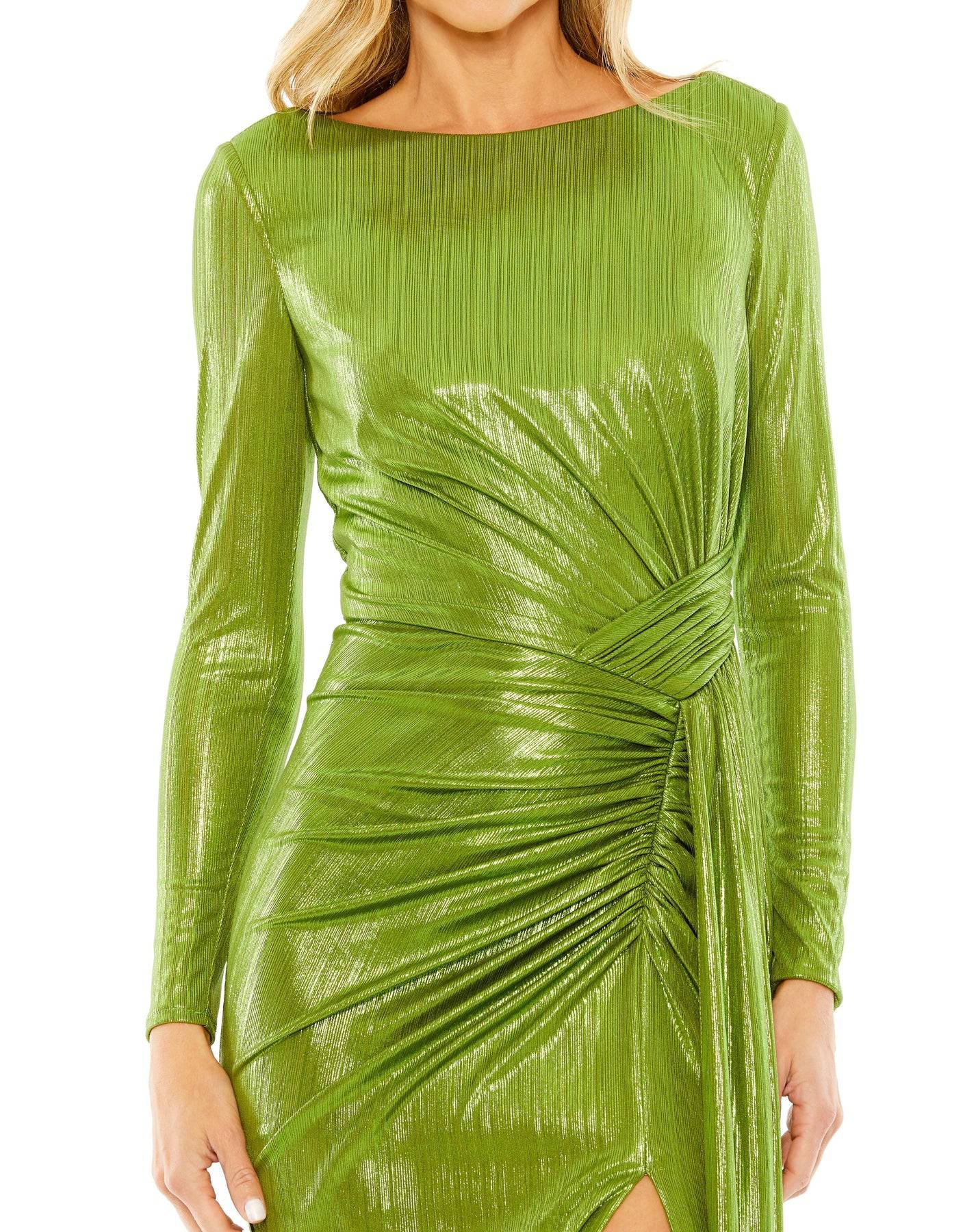 mac duggal apple green dress Light Green Satin Long A-Line Prom Dress, Cute Short Sleeve Evening Dr main image 0
