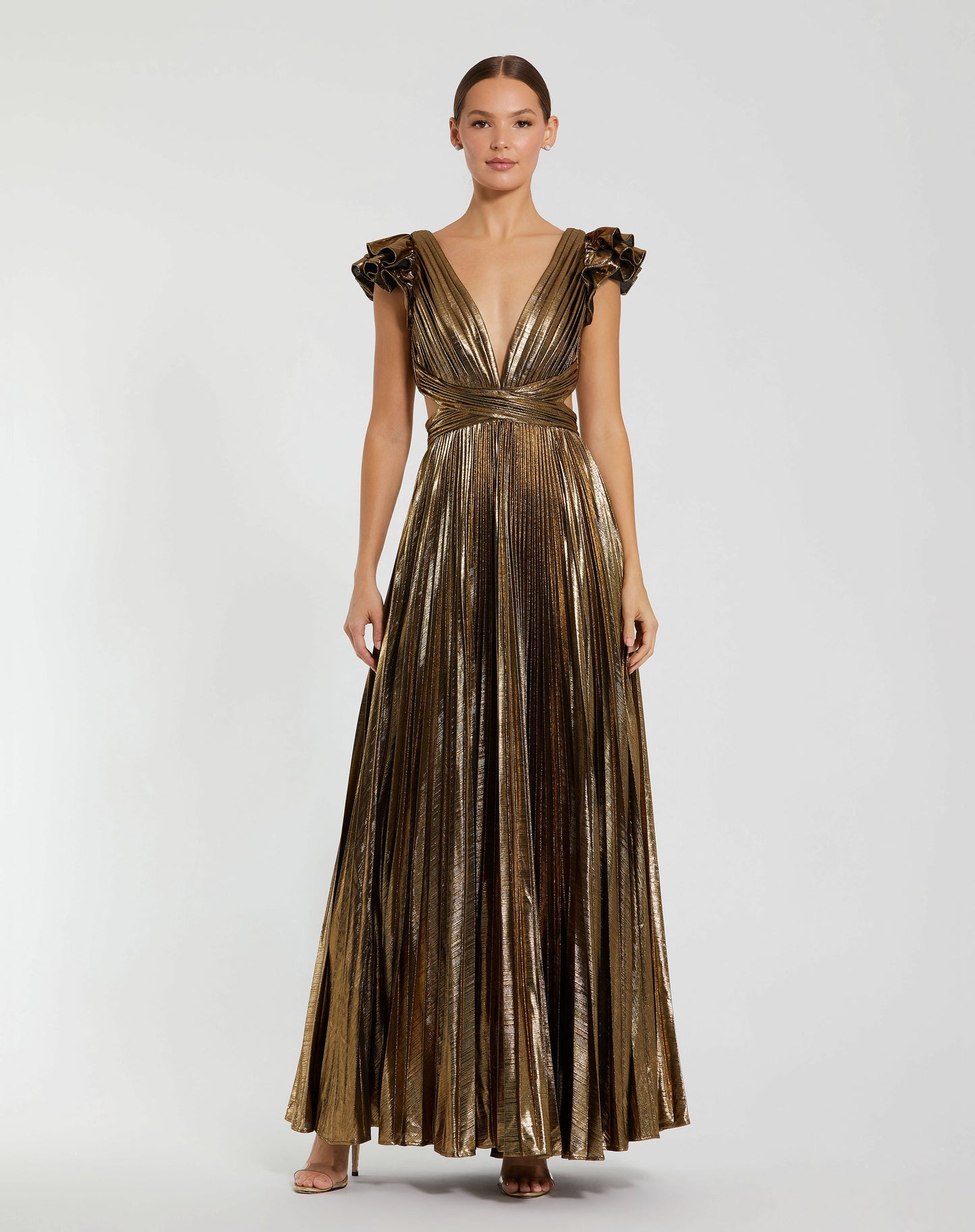 Mac Duggal 27166 Ruffle Sleeve Cutout Pleated Metallic Gown