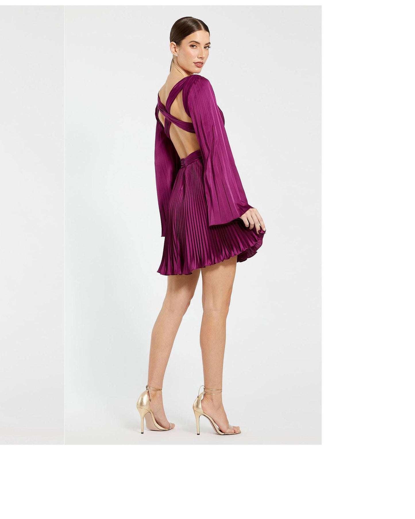 Mac Duggal 27379 Pleated V-Neckline Cutout Long Sleeve Mini Dress