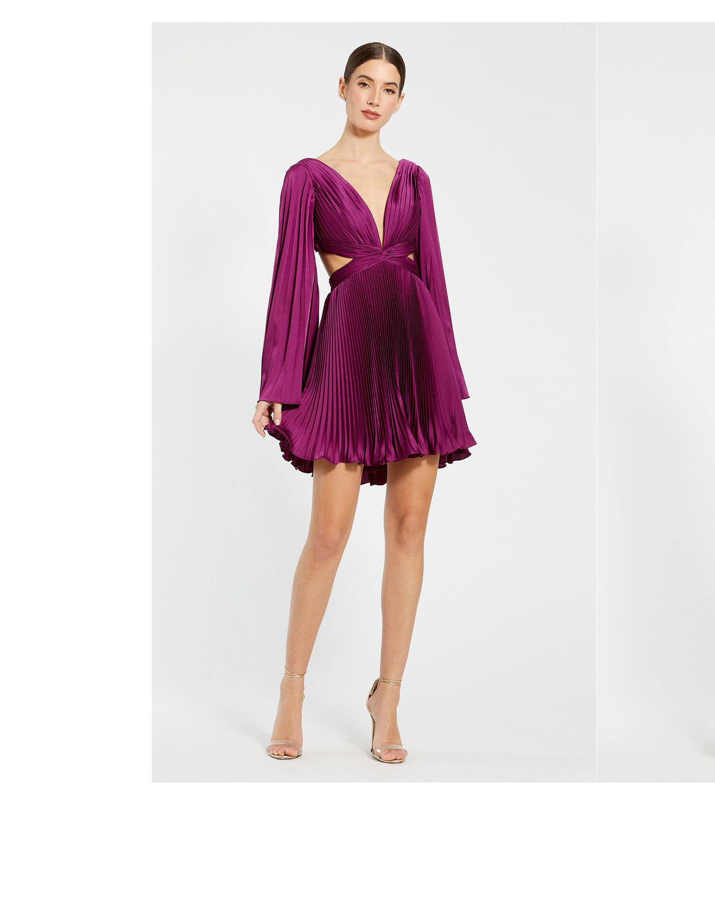 Mac Duggal 27379 Pleated V-Neckline Cutout Long Sleeve Mini Dress
