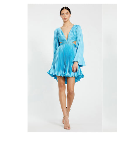 Mac Duggal 27379 Pleated V-Neckline Cutout Long Sleeve Mini Dress