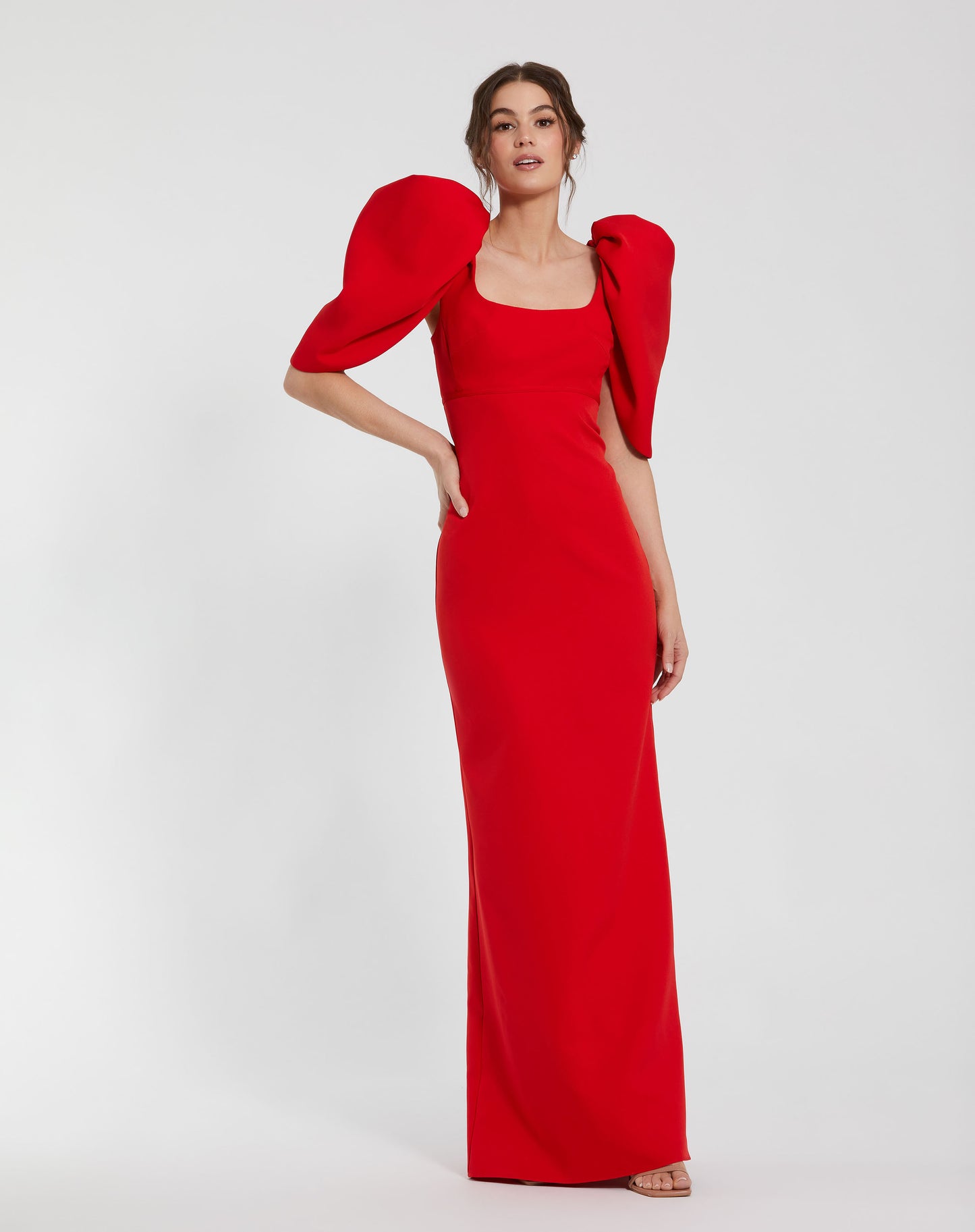 Mac Duggal 27534 Fitted Crepe Scoop Neck Gown With Puff Sleeves