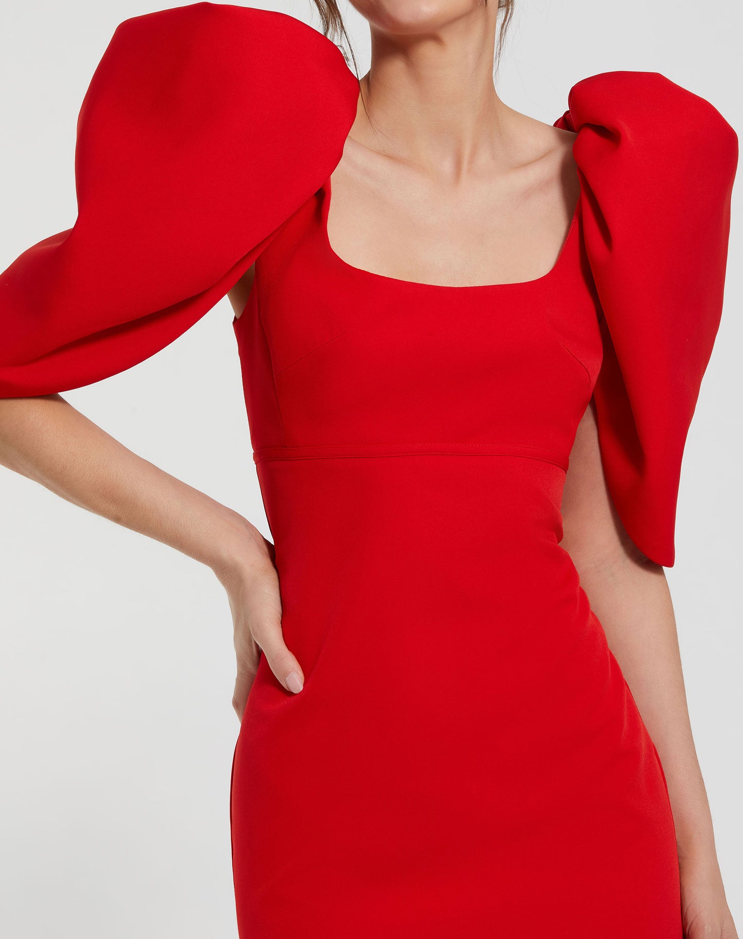 Mac Duggal 27534 Fitted Crepe Scoop Neck Gown With Puff Sleeves