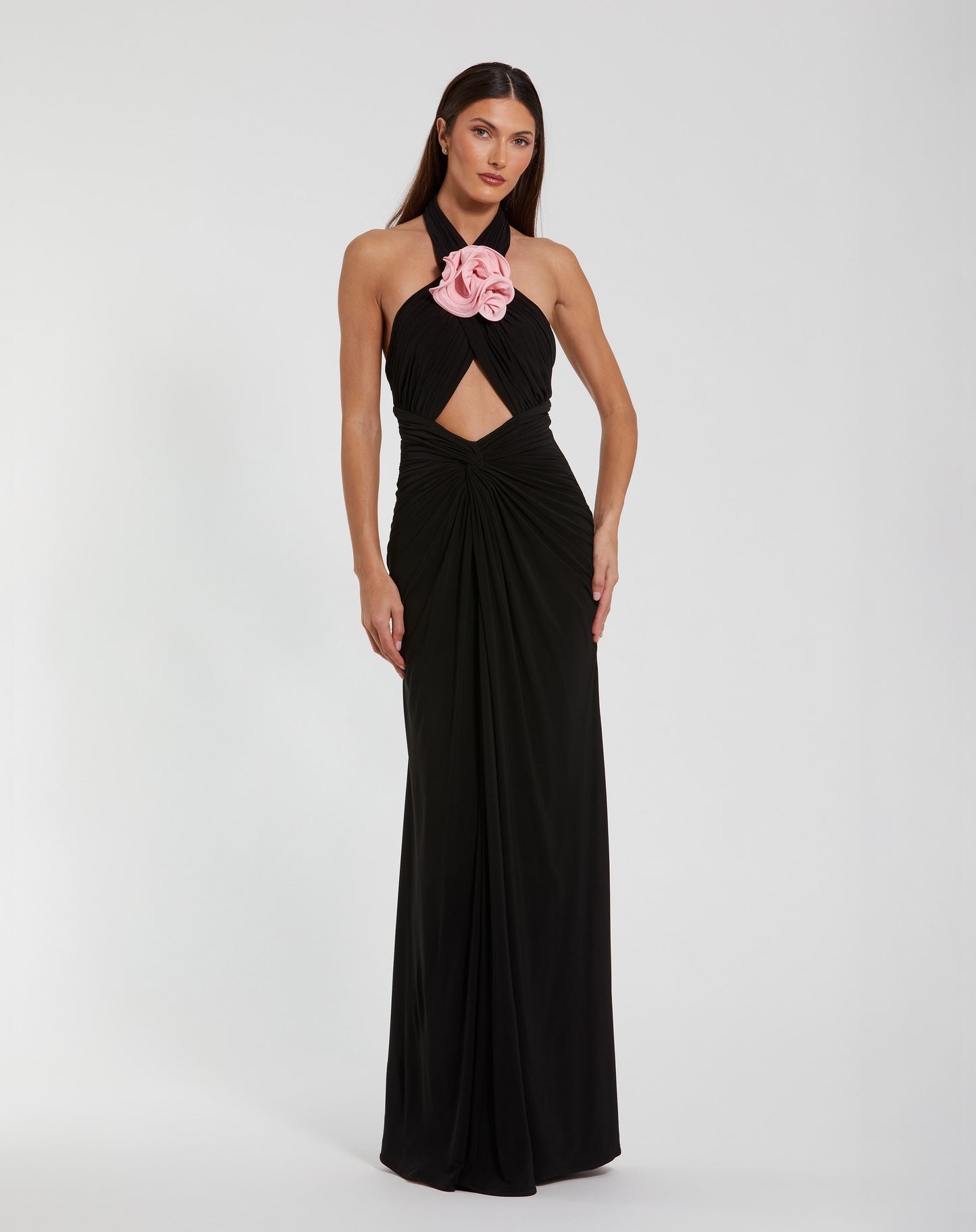 Mac Duggal 27572 Jersey Crossover Halter Neck Gown With 3D Flower