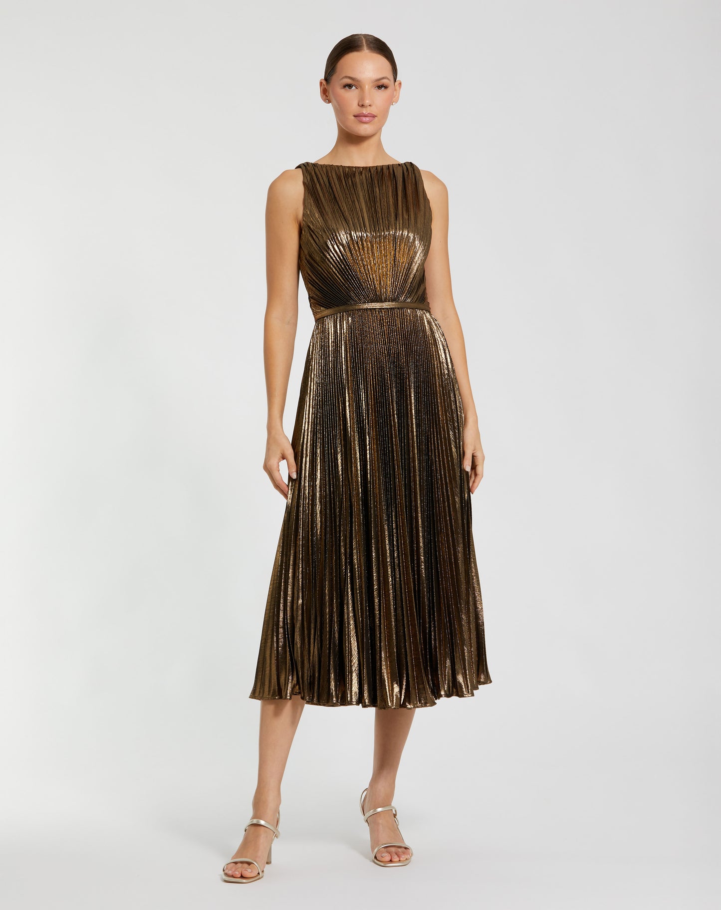 Mac Duggal 27611 Gold Metallic Jersey Pleated High Neck Midi Dress